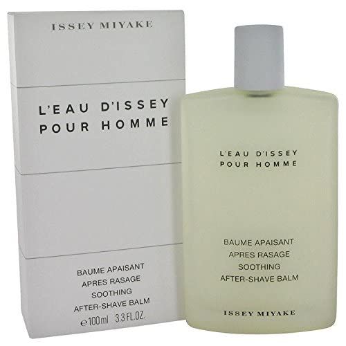 Flacone e scatola. Scritta: Issey Miyake, L'Eau d'Issey pour Homme, Balsamo Dopobarba. Liquido giallastro. Bianco.