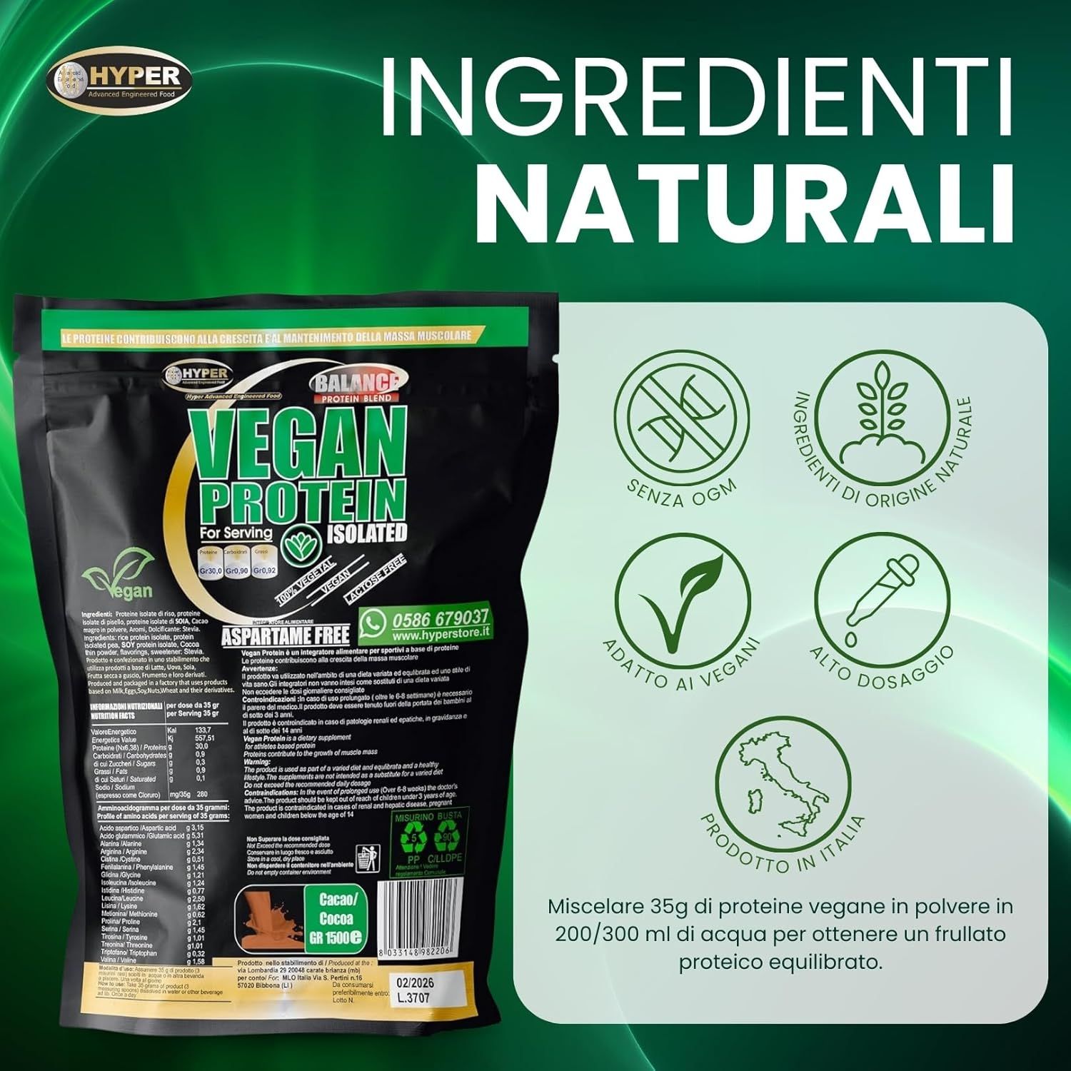 Busta nera con testo: HYPER Vegan Protein. Testo: Senza OGM, vegano, ad alto dosaggio, prodotto in Italia. Mescolare 35 g di proteine ​​in acqua.