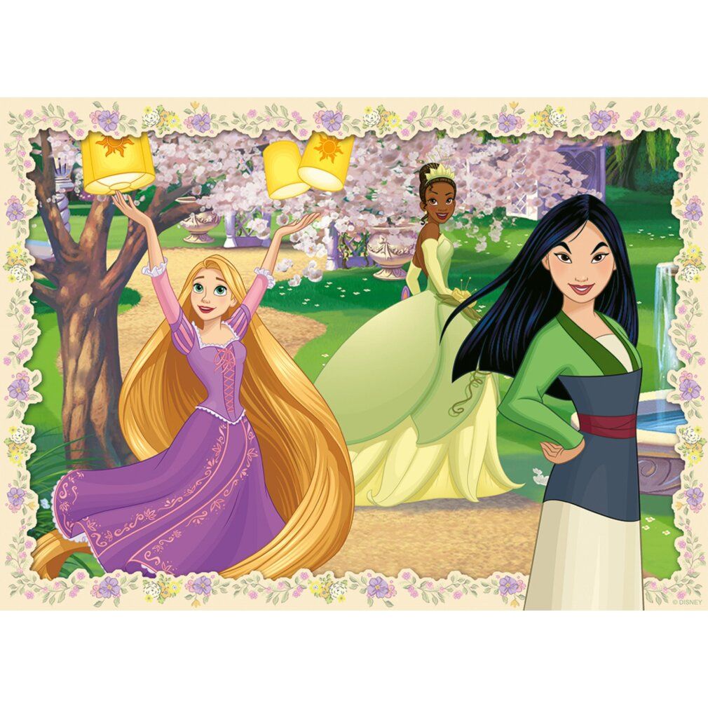 Puzzle con Rapunzel, Tiana e Mulan. Rapunzel con lanterne, Tiana in verde, Mulan. Cornice floreale.