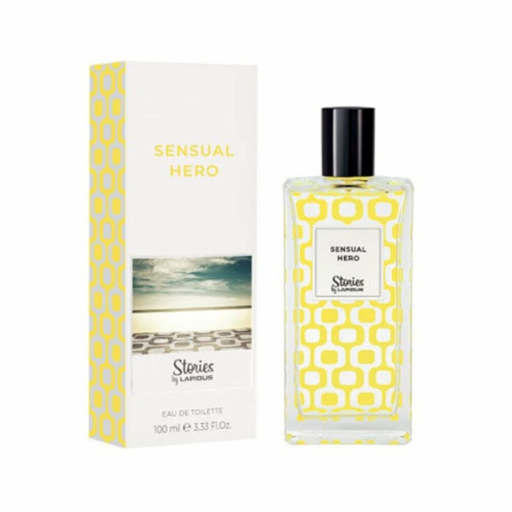 Flacone e confezione di Ted Lapidus Sensual Hero. Flacone rettangolare con tappo nero. Motivo giallo su flacone e confezione.