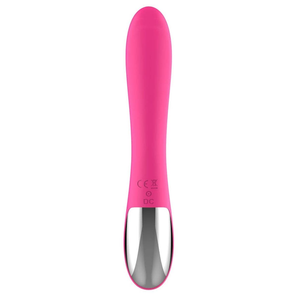 Vibratore rosa con dettaglio argentato. Marchio CE e simbolo DC.