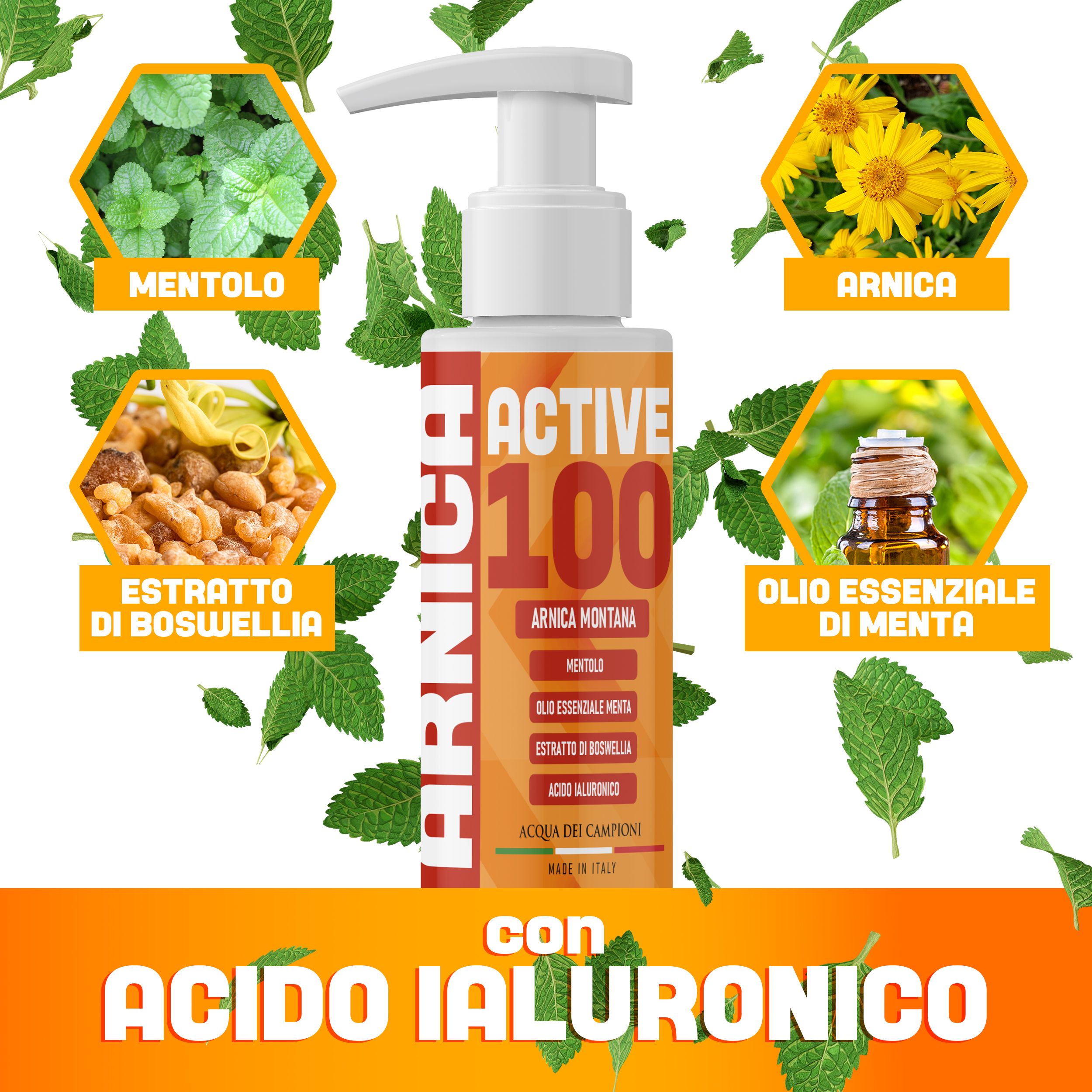 Flacone di gel con dosatore. ACTIVE 100, ARNICA MONTANA. Illustrazioni ingredienti: Mentolo, Arnica, estratto di Boswellia, olio di menta.