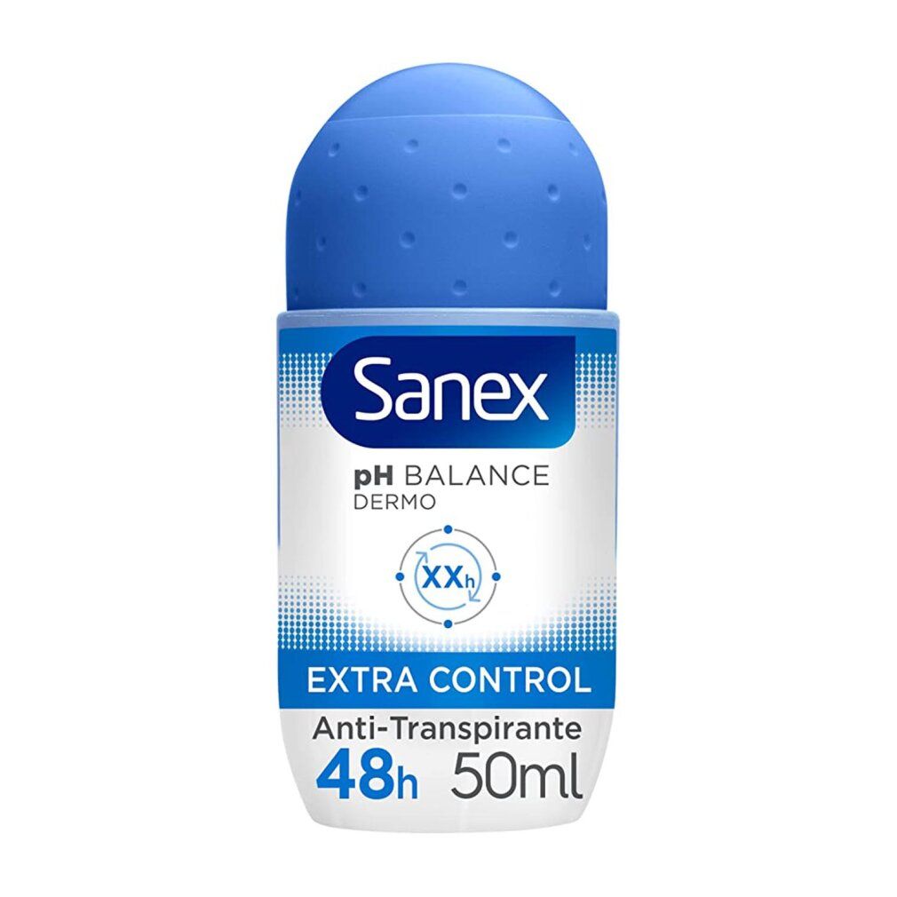 Roll-on Sanex pH Balance Dermo Extra Control. Tappo blu, flacone bianco. Testo: Extra Control, 48h, 50ml.