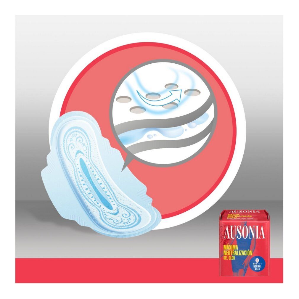 Illustrazione di una sezione trasversale di un assorbente. In primo piano: confezione Ausonia. Confezione rosa.