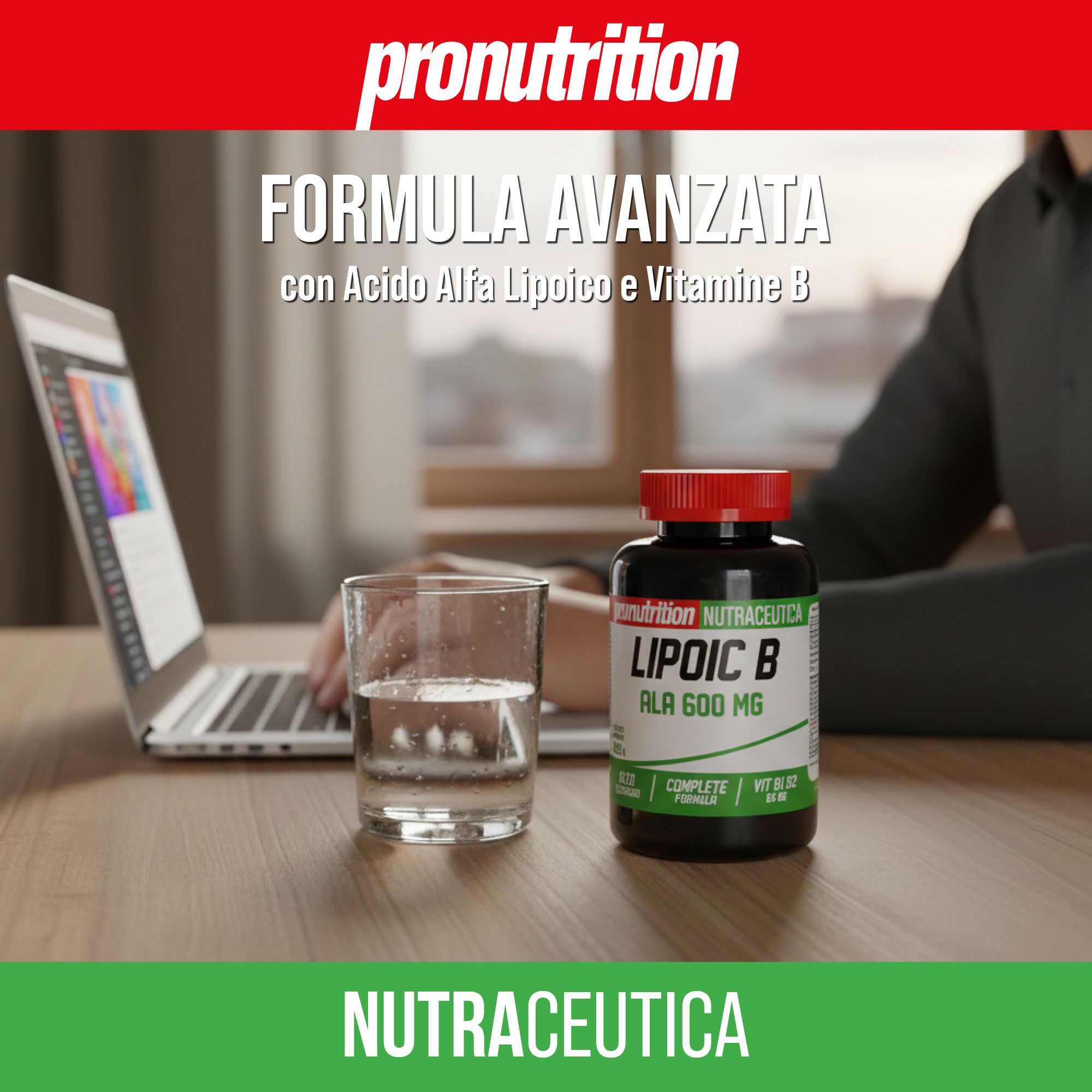 Flacone marrone con tappo rosso. Scritta: LIPOIC B ALA 600 MG. Accanto, bicchiere d'acqua. Persona su laptop.