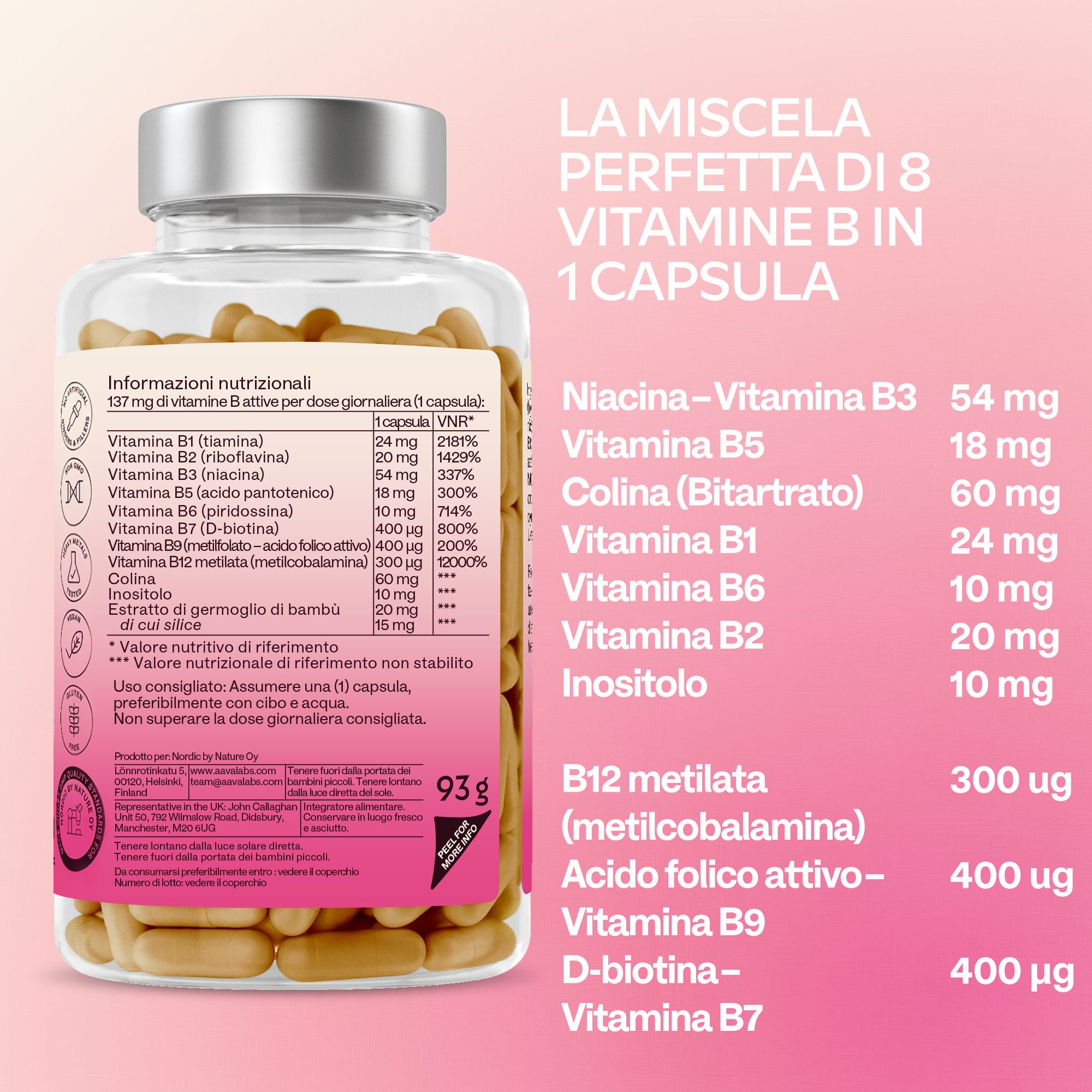 Capsule in un flacone di vetro. Scritta AAVALABS Vitamin B Complex. Sfondo rosa.