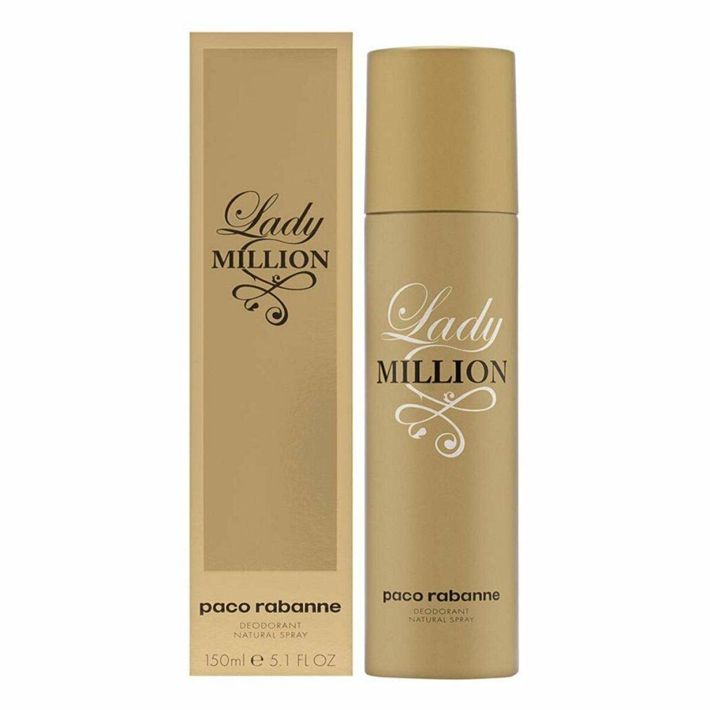 Spray deodorante dorato e confezione. Scritta: Lady Million, Paco Rabanne. 150ml.