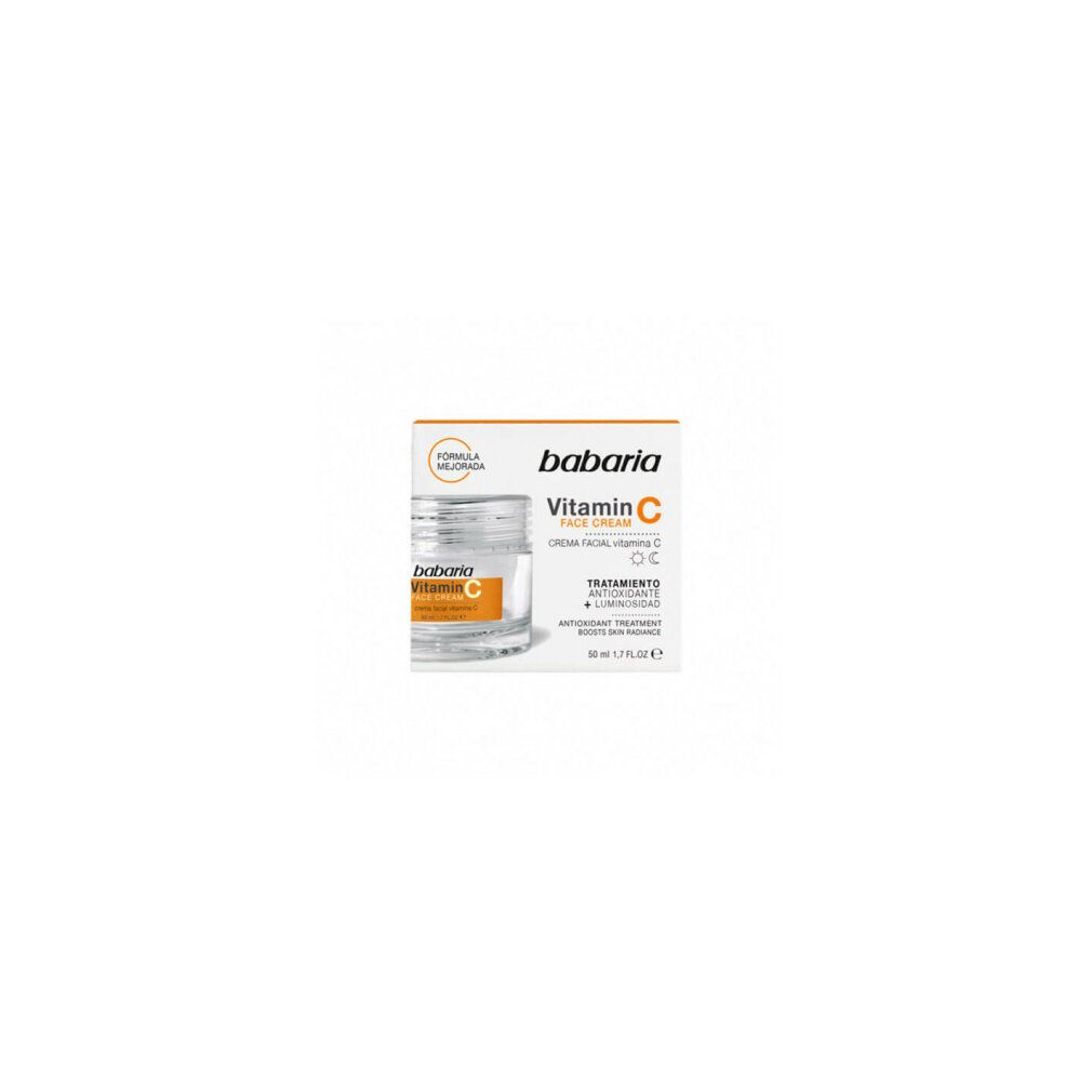 Babaria Crema Viso Vitamina C in scatola. Testo: Trattamento antiossidante, aumenta la luminosità della pelle. 50 ml. Scatola con immagine.