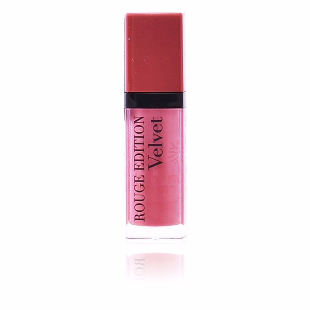Rossetto Bourjois Rouge Edition Velvet. Flacone rettangolare, tappo rosso. Nome del prodotto visibile.