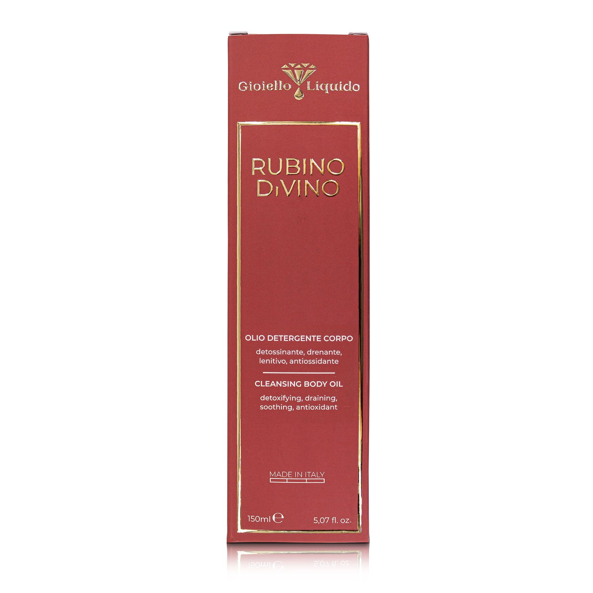 Confezione rossa con scritta dorata. Scritta: Rubino Divino Divine Ruby. Made in Italy. 150ml/5.07 fl. oz.