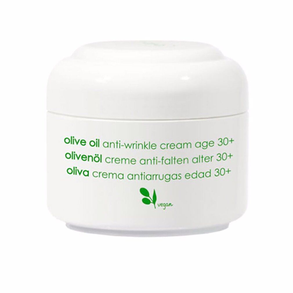 Vasetto bianco con testo verde: olive oil anti-wrinkle cream age 30+, Olivenöl Creme Anti-Falten Alter 30+, Oliva Crema Antiarrugas Edad 30+. Logo vegan.