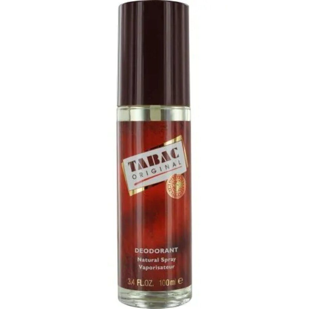 Spray deodorante con tappo marrone. Logo e scritta Tabac Original. Scritta: Deodorante, Natural Spray, Vaporisateur.