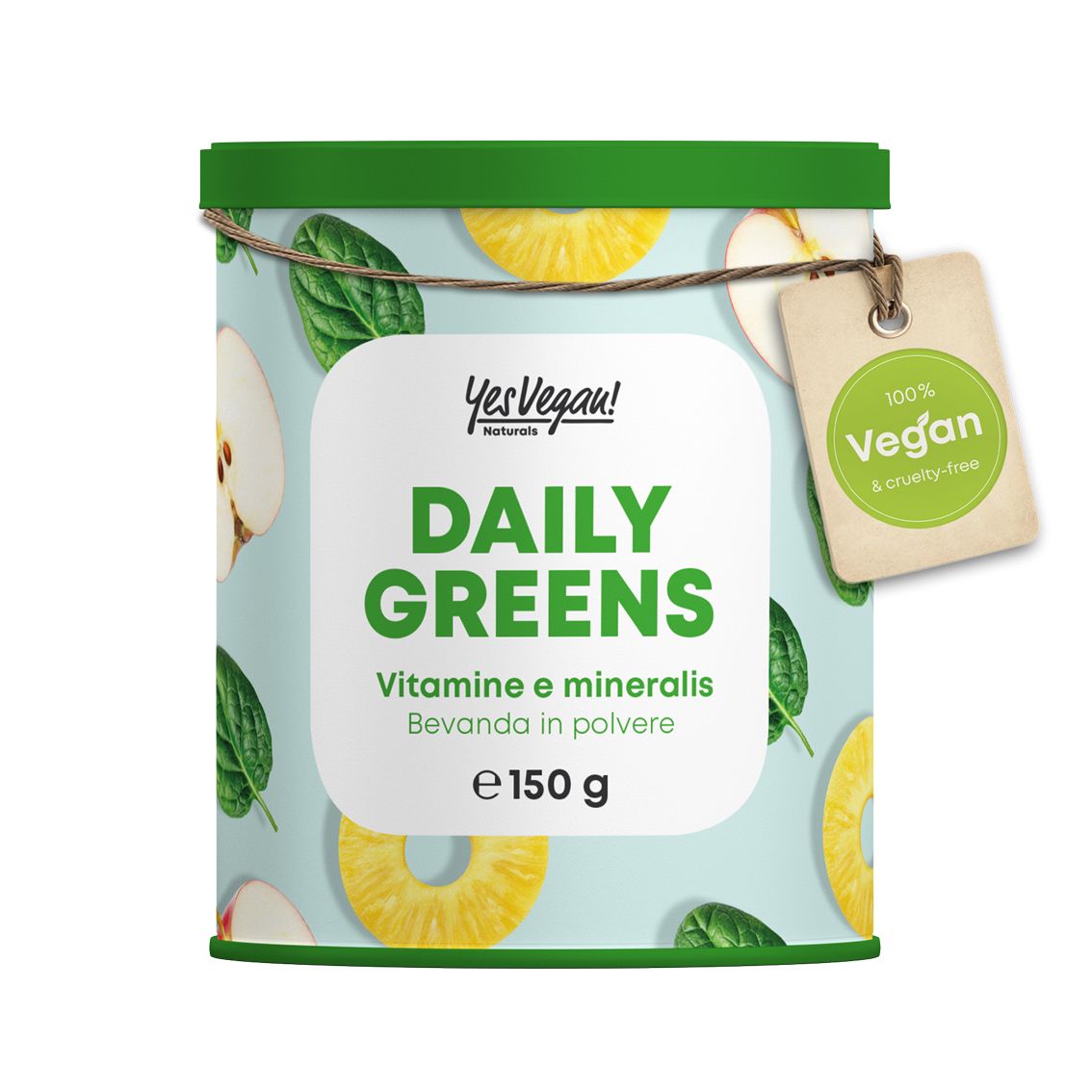 Lattina Daily Greens Superfood bevanda in polvere con motivi di frutta e foglie, 150g.