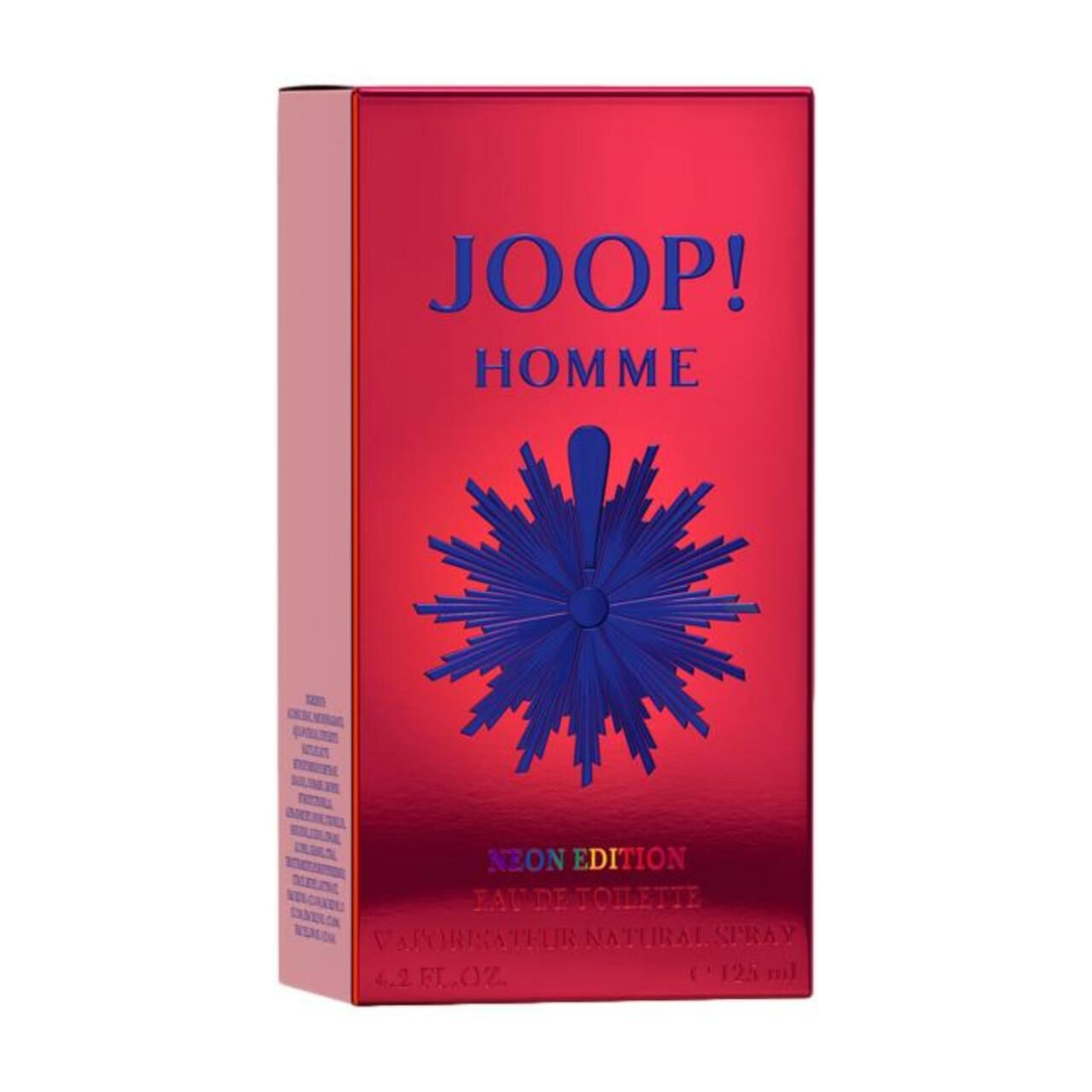 Confezione rossa JOOP! Homme Neon Edition. Logo blu, scritta blu. Testo: Neon Edition, Eau de Toilette Spray.