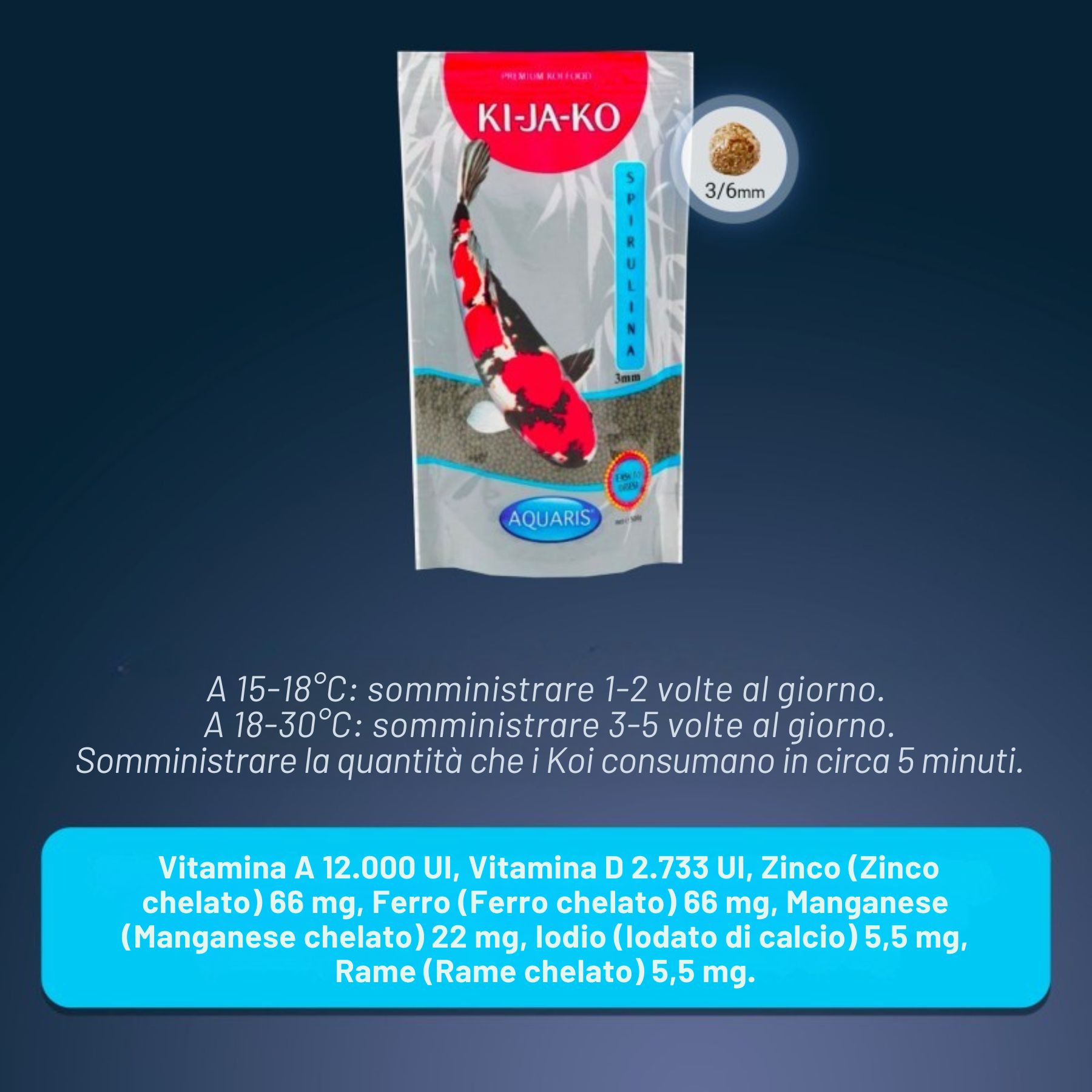 Confezione del prodotto con testo. Testo: KI-JA-KO, Spirulina Plus, 3/6mm, Aquaris. Ingredienti.