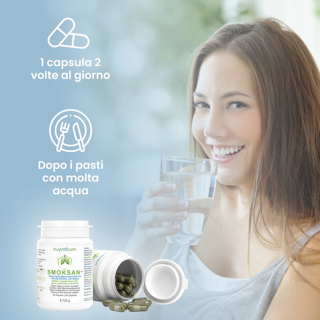Barattolo plantoCAPS® SMOKSAN® + con panoramica degli ingredienti: Acerola, Tè verde, Passiflora, Luppolo, Biotina.