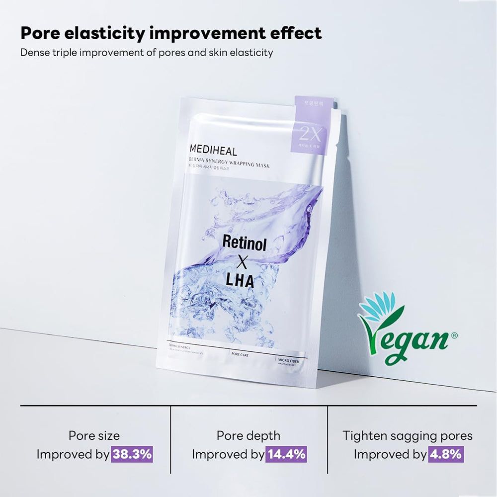 Confezione della maschera MEDIHEAL Derma Synergy Wrapping. Contiene retinolo e LHA. Sigillo vegano. Percentuali di miglioramento della pelle.