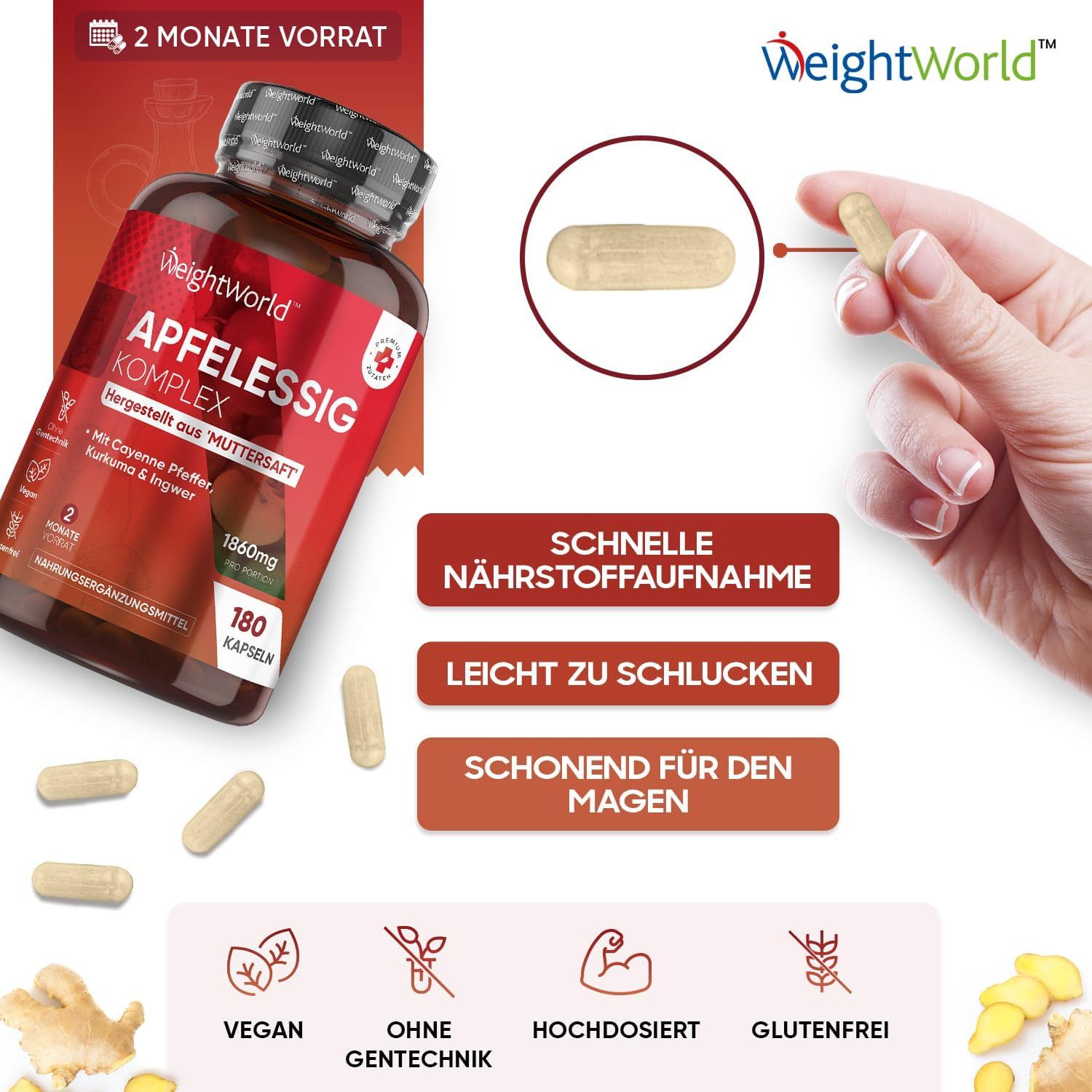 Flacone di prodotto con capsule. Capsula in mano. Scritta: Apfelessig Komplex. Vegano, senza glutine, ad alto dosaggio.