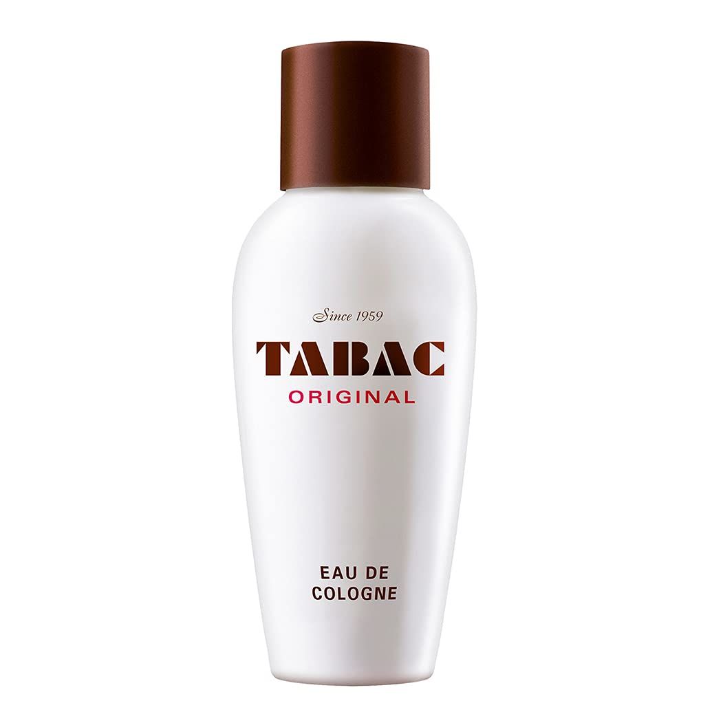 Flacone Tabac Original Eau de Cologne. Flacone bianco, tappo marrone, logo e scritta.