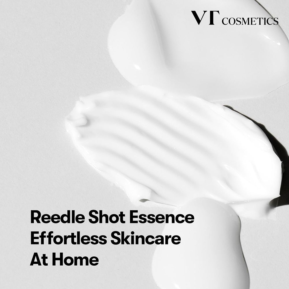 Siero bianco su sfondo bianco. Testo: Reedle Shot Essence, Effortless Skincare At Home.