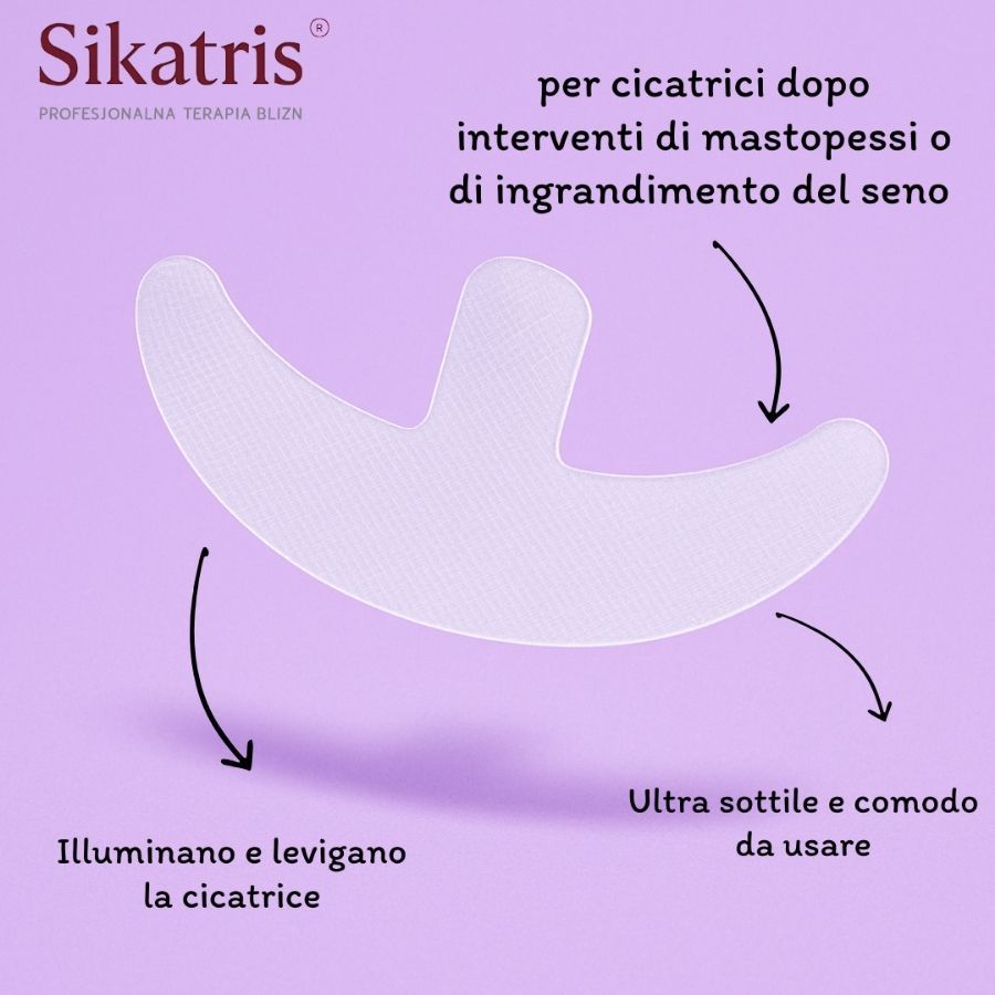 Cerotto in silicone con testo: Sikatris, per cicatrici dopo chirurgia mammaria. Schiarisce, leviga le cicatrici, ultra-sottile e comodo.