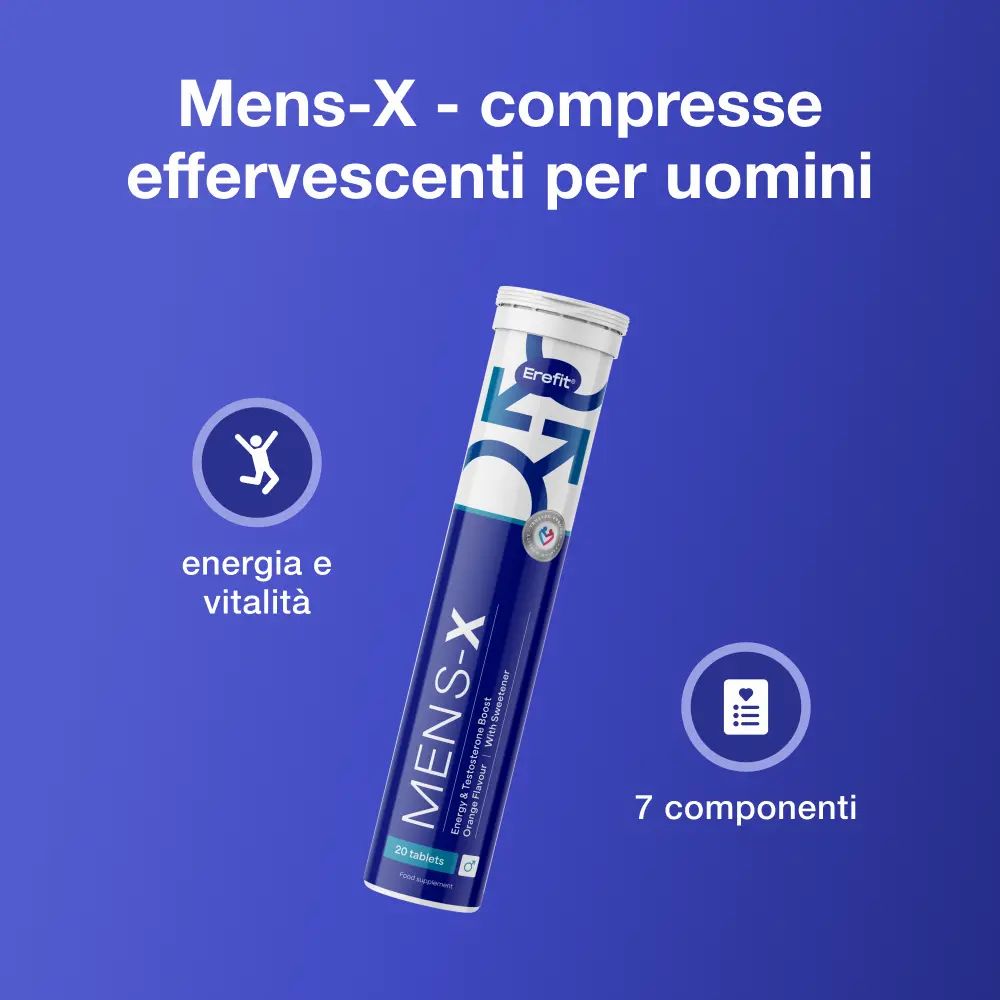 Tubo MENS-X. Testo: Compresse effervescenti per uomini. Simboli: Energia, 7 ingredienti.
