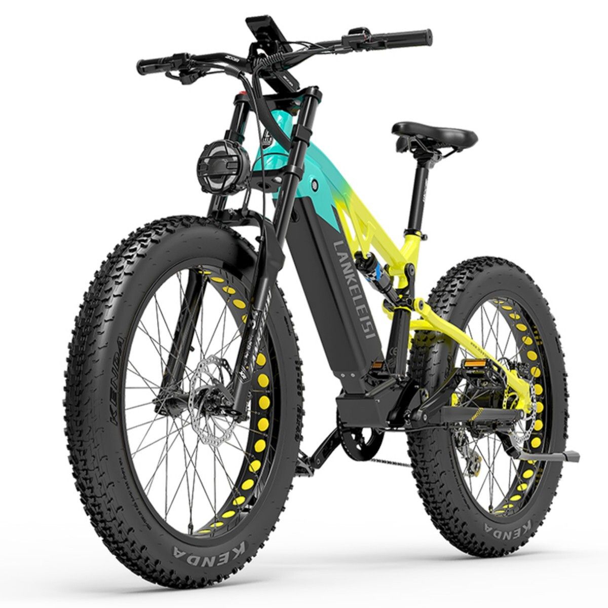 E-MTB Lankeleisi RV800 Plus. Telaio giallo-turchese, pneumatici neri. Marchio e modello visibili.