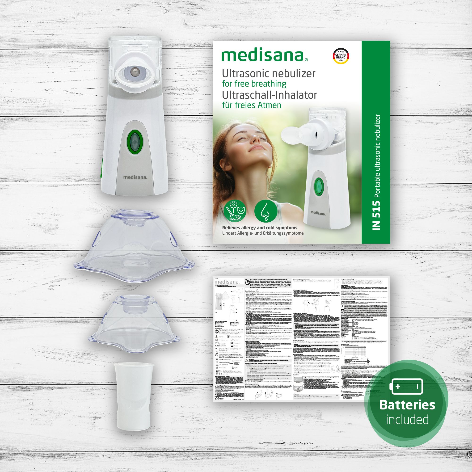 Inalatore Medisana IN 515, accessori, confezione e istruzioni.