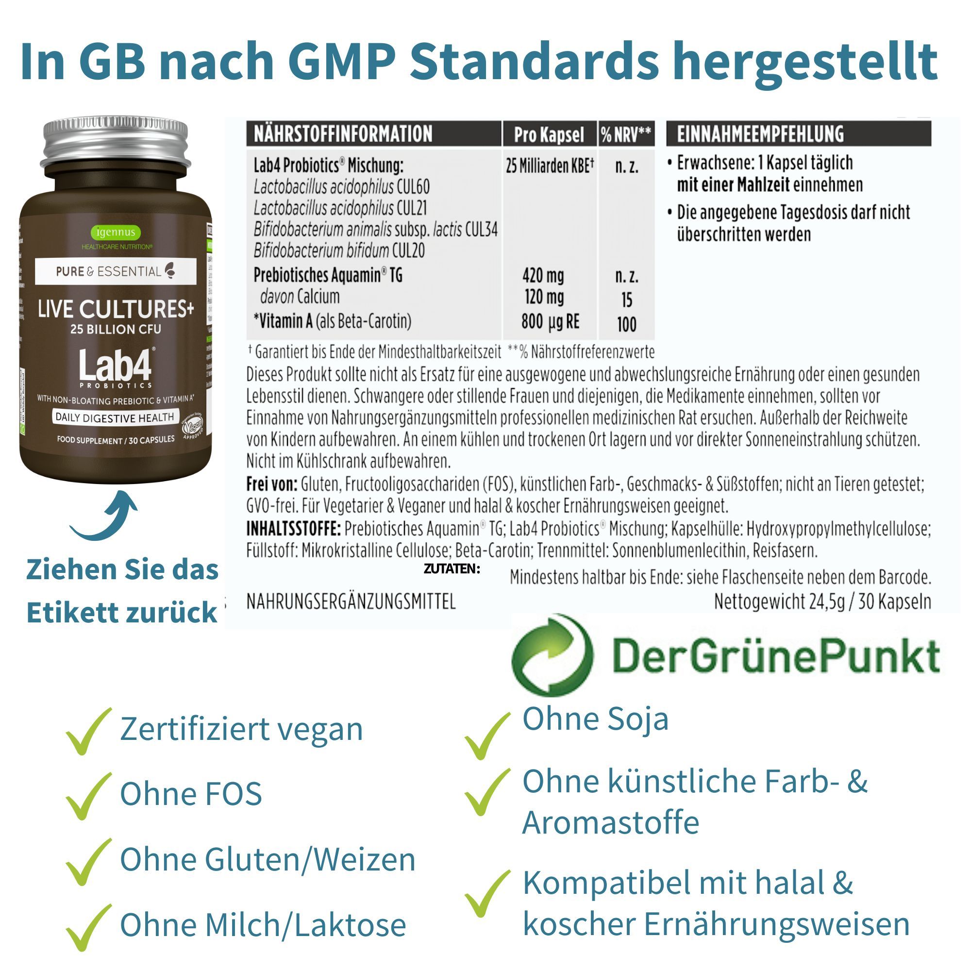 Capsule Igennus Probiotici: 30 capsule, prodotte secondo standard GMP, vegane.