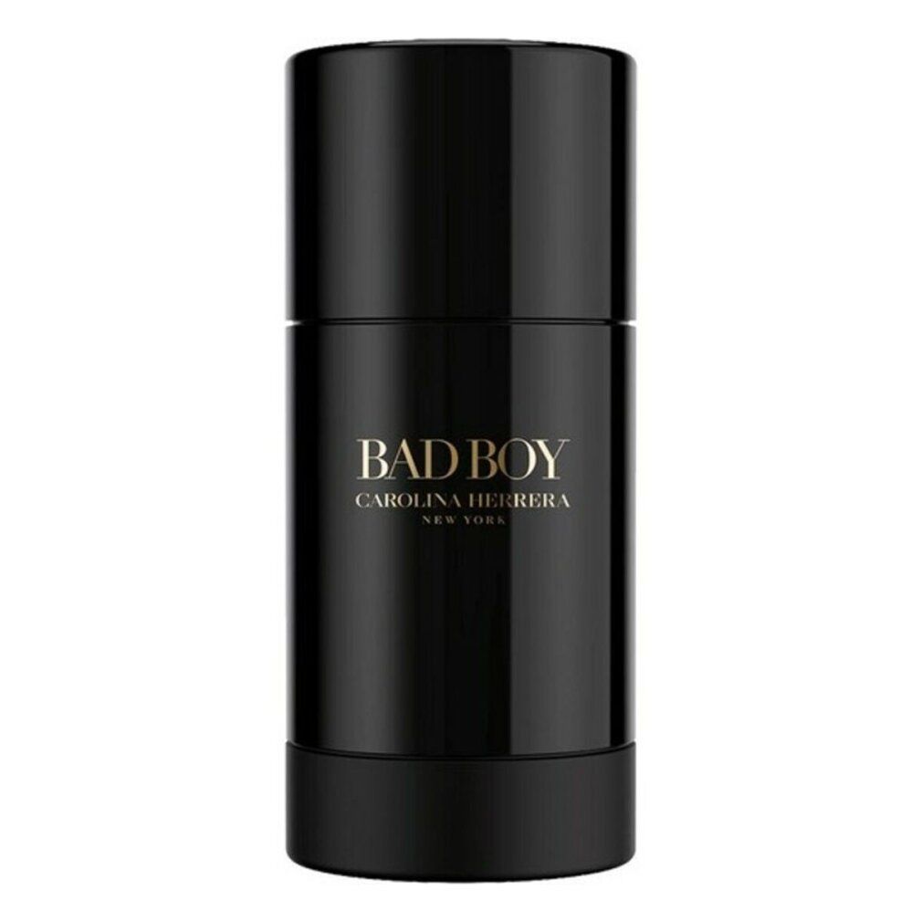 Stick deodorante nero con scritta dorata BAD BOY, CAROLINA HERRERA NEW YORK. Forma cilindrica.