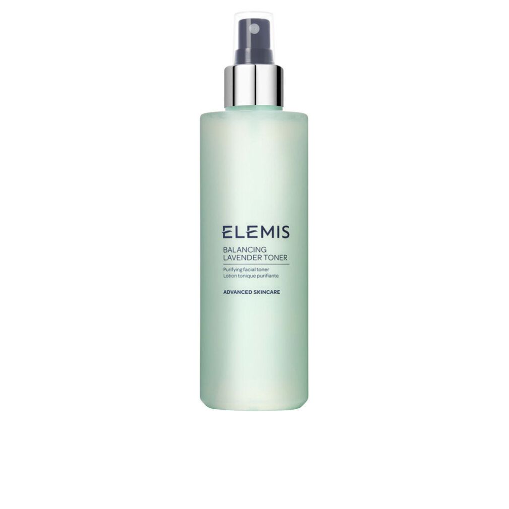 Flacone verde Elemis Balancing Lavender Toner con vaporizzatore. Testo: Purifying facial toner.