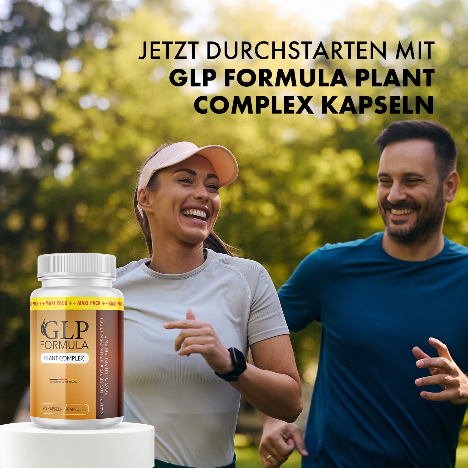 Coppia fa jogging nel parco. Flacone di GLP Formula Plant Complex Kapseln su piedistallo. Testo: Inizia ora con GLP Formula Plant Complex Kapseln.