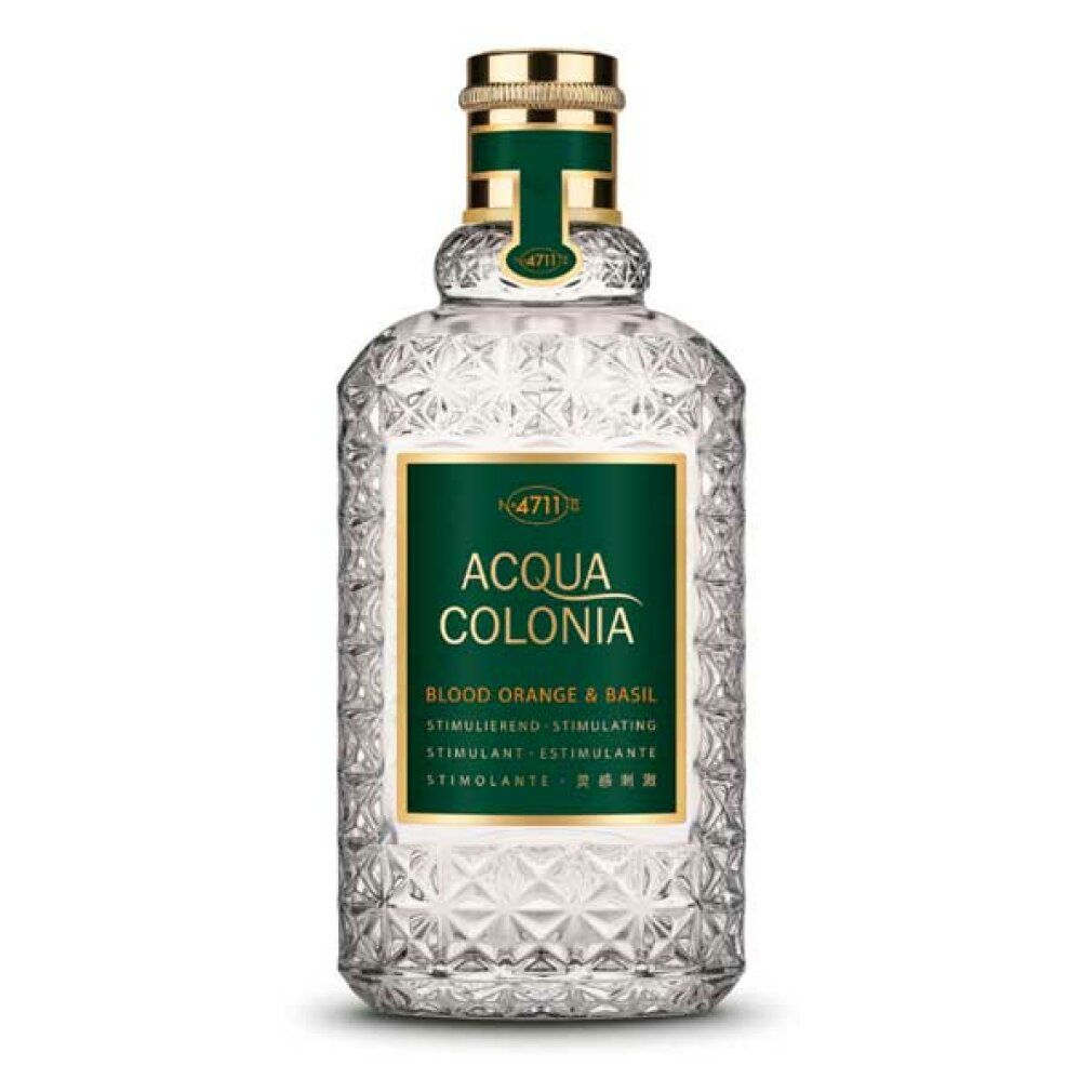 Flacone in vetro con etichetta verde. Scritta: Acqua Colonia Blood Orange & Basil. Tappo dorato.