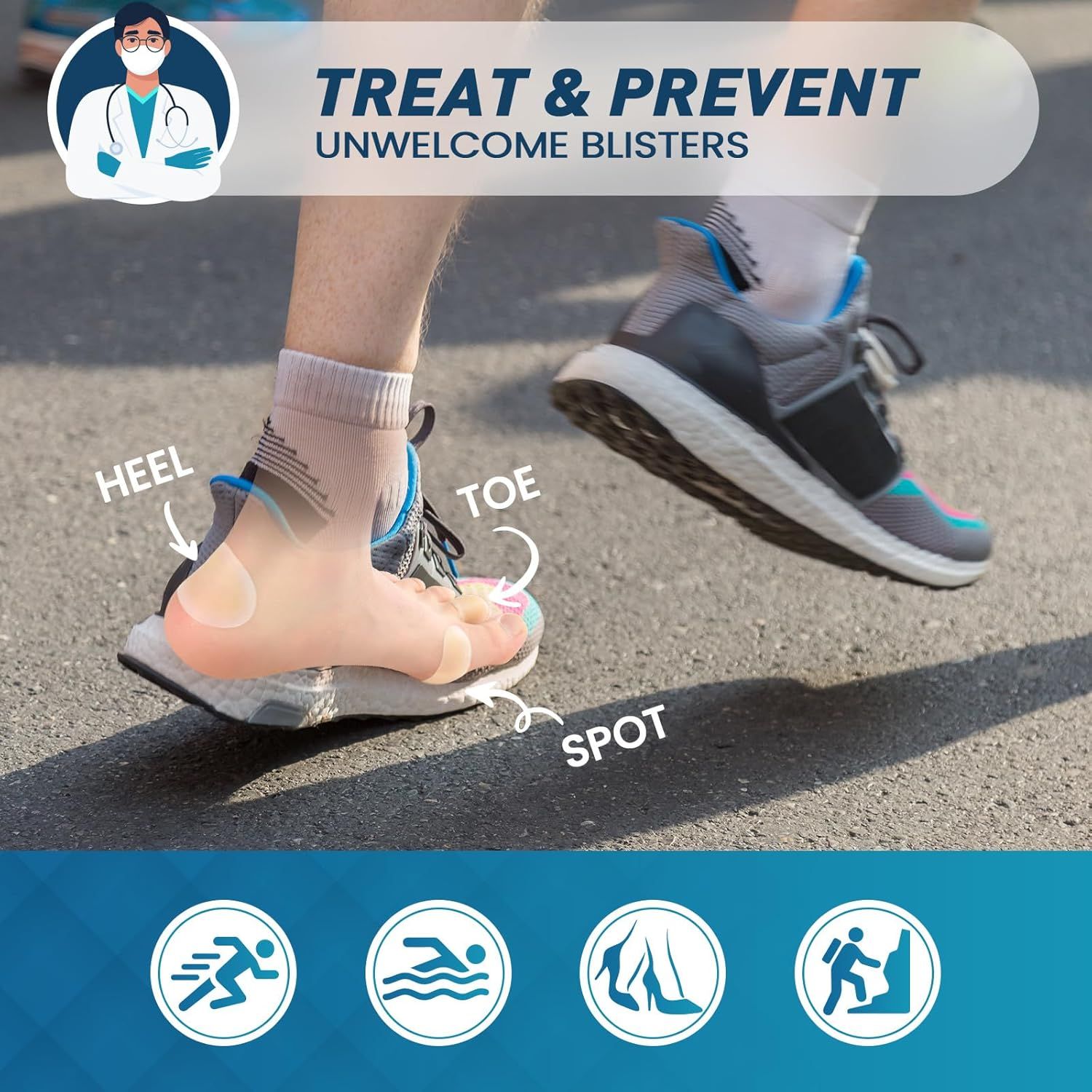 Persona con scarpe. Testo: Trattare e prevenire le vesciche. Cerotti su tallone, punta, punto. Simboli: corsa, nuoto, piedi, escursionismo.