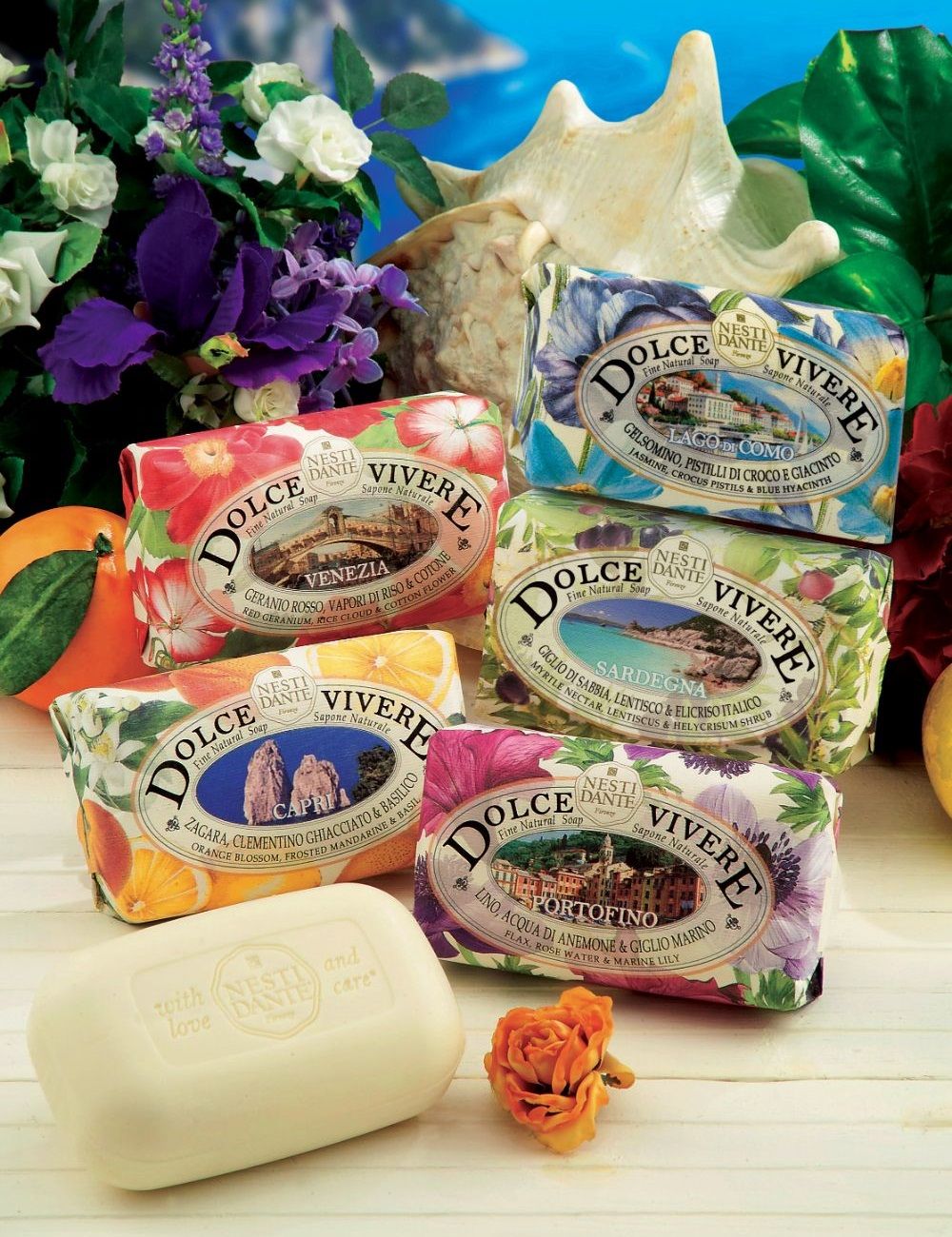 Set di saponi Nesti Dante Dolce Vita: Vari gusti come Venezia, Sardegna, Portofino. Confezioni decorative.
