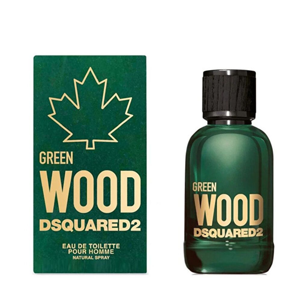 Flacone di profumo verde e confezione. Scritta: GREEN WOOD DSQUARED2. Logo foglia d'acero.