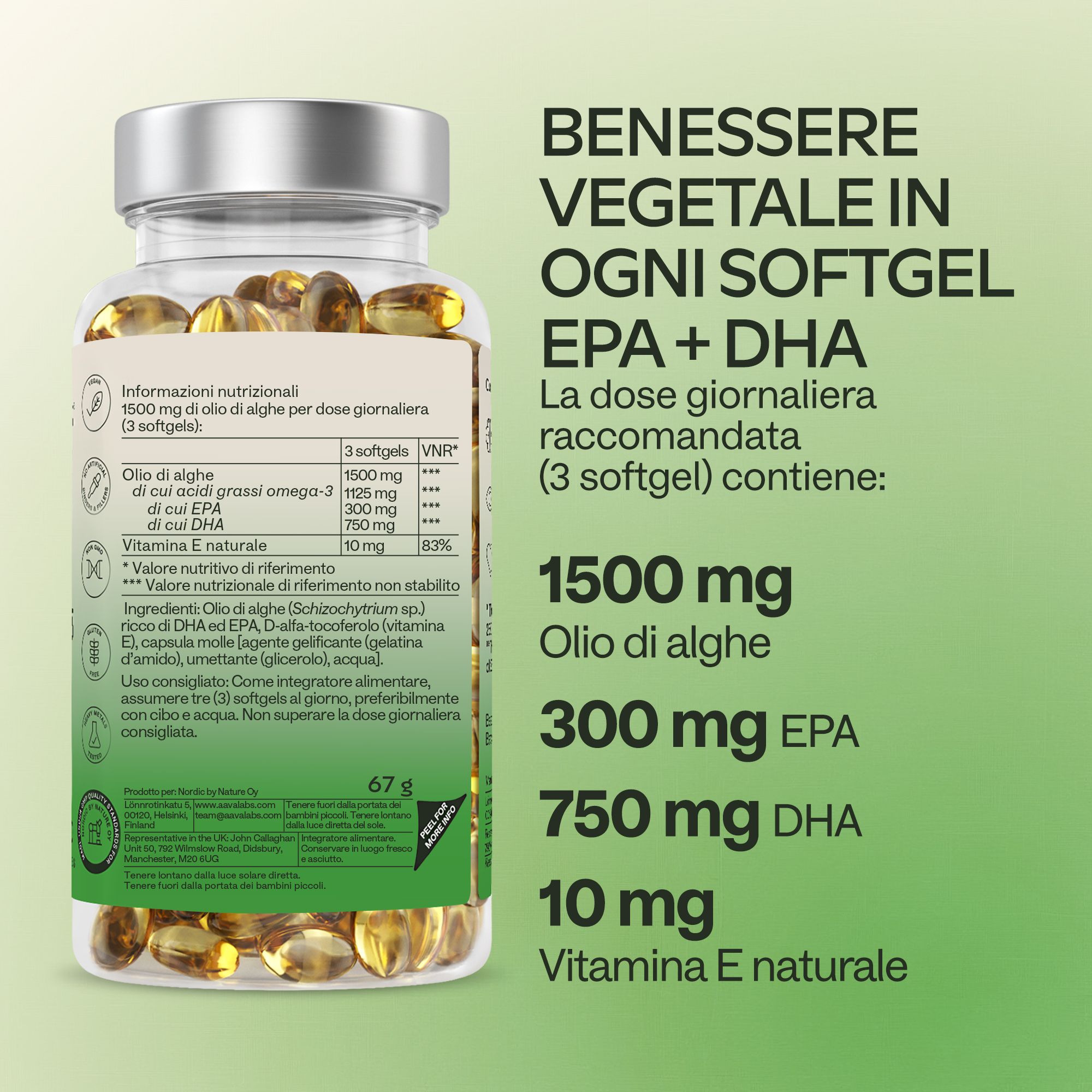 Flacone con capsule, testo: Vegetale in ogni capsula. 1500mg olio di alghe, 300mg EPA, 750mg DHA, 10mg Vitamina E.