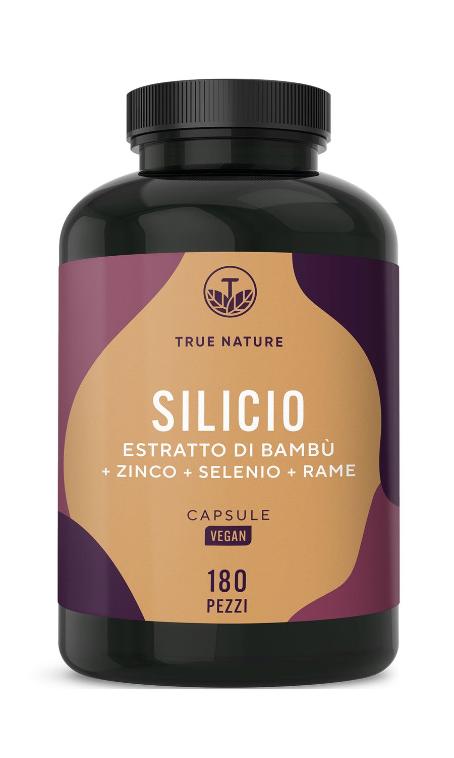 Flacone scuro di capsule. Scritta: Silicio, estratto di bambù, zinco, selenio, rame. 180 pezzi. Vegano.