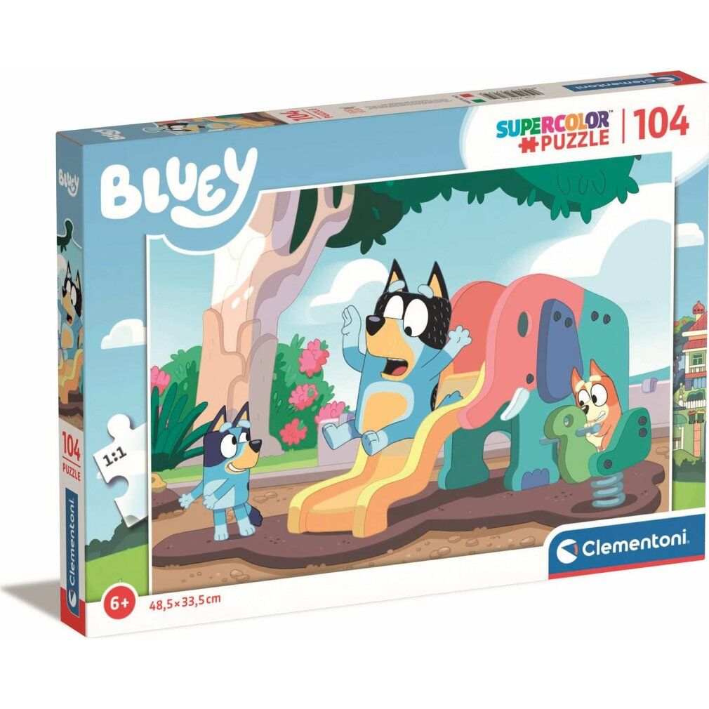 Puzzle Clementoni, 104 pezzi, motivo Bluey. Confezione mostra il puzzle completo. Età 6+. Dimensioni: 48,5x33,5 cm.
