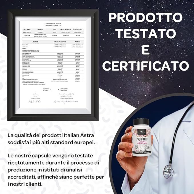 Certificato in cornice nera. Testo: PRODOTTO TESTATO E CERTIFICATO. Flacone con etichetta del prodotto. Stetoscopio.