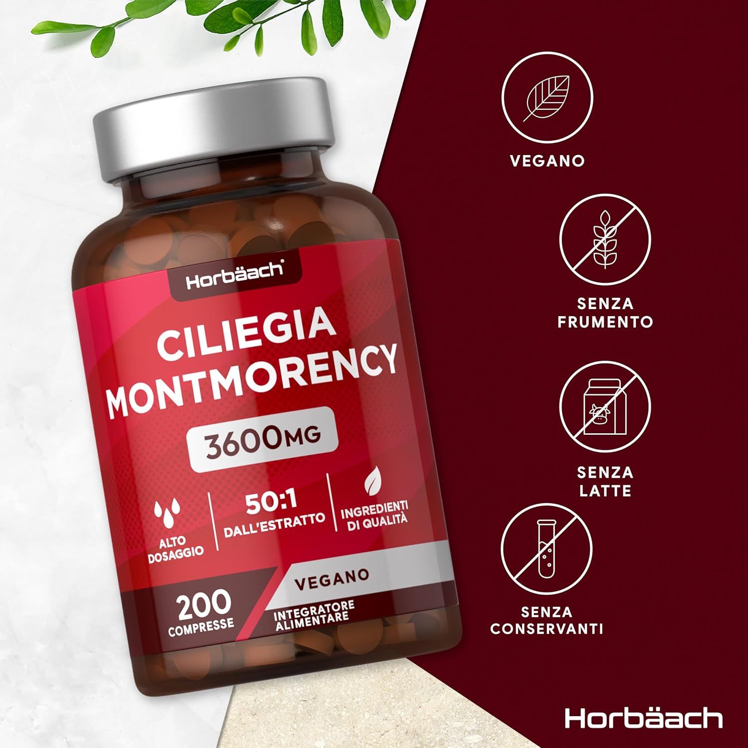 Flacone di compresse con etichetta rossa. Vegano, senza glutine, senza latte, senza conservanti. Horbaach Ciliegia Montmorency.