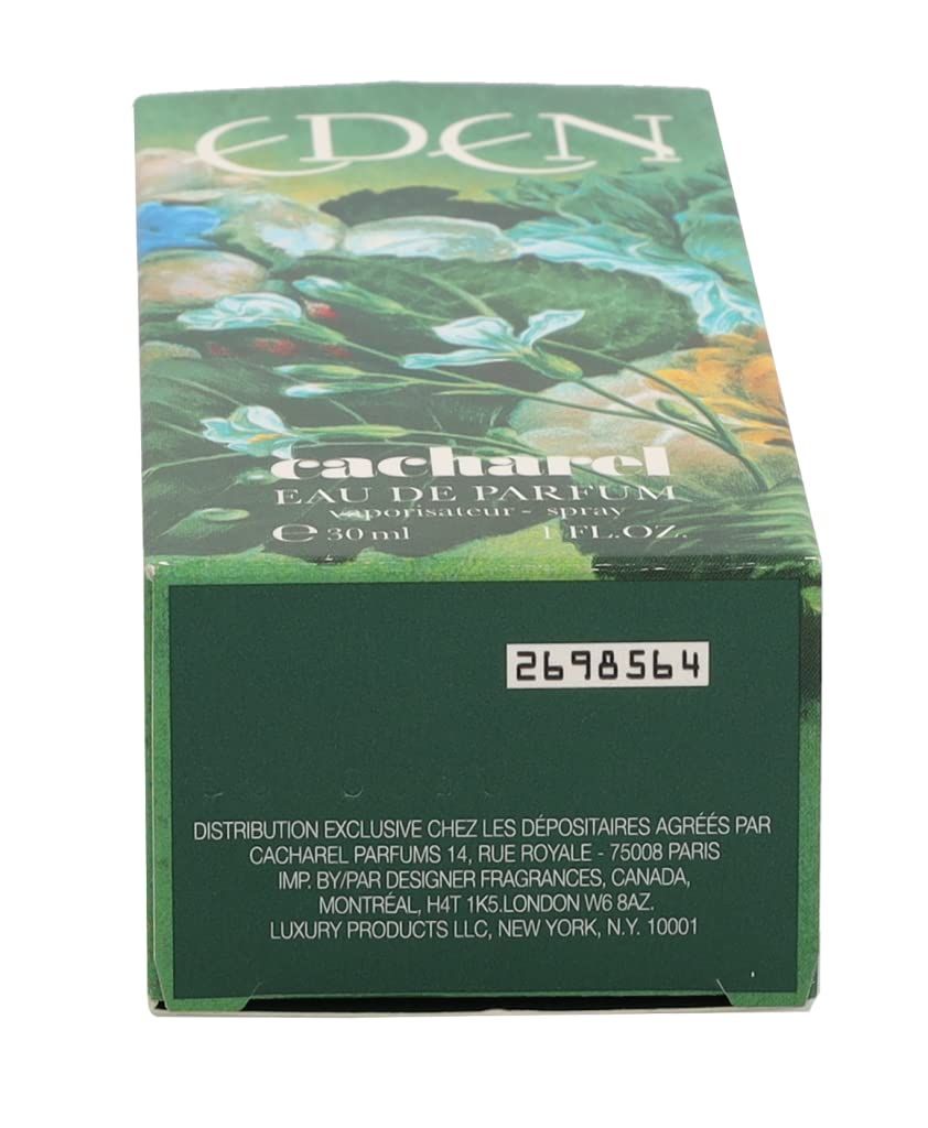 Scatola verde, parte superiore. Testo: EDEN, CACHAREL, Eau de Parfum, 30 ml, 1 FL.OZ. Numero di serie.