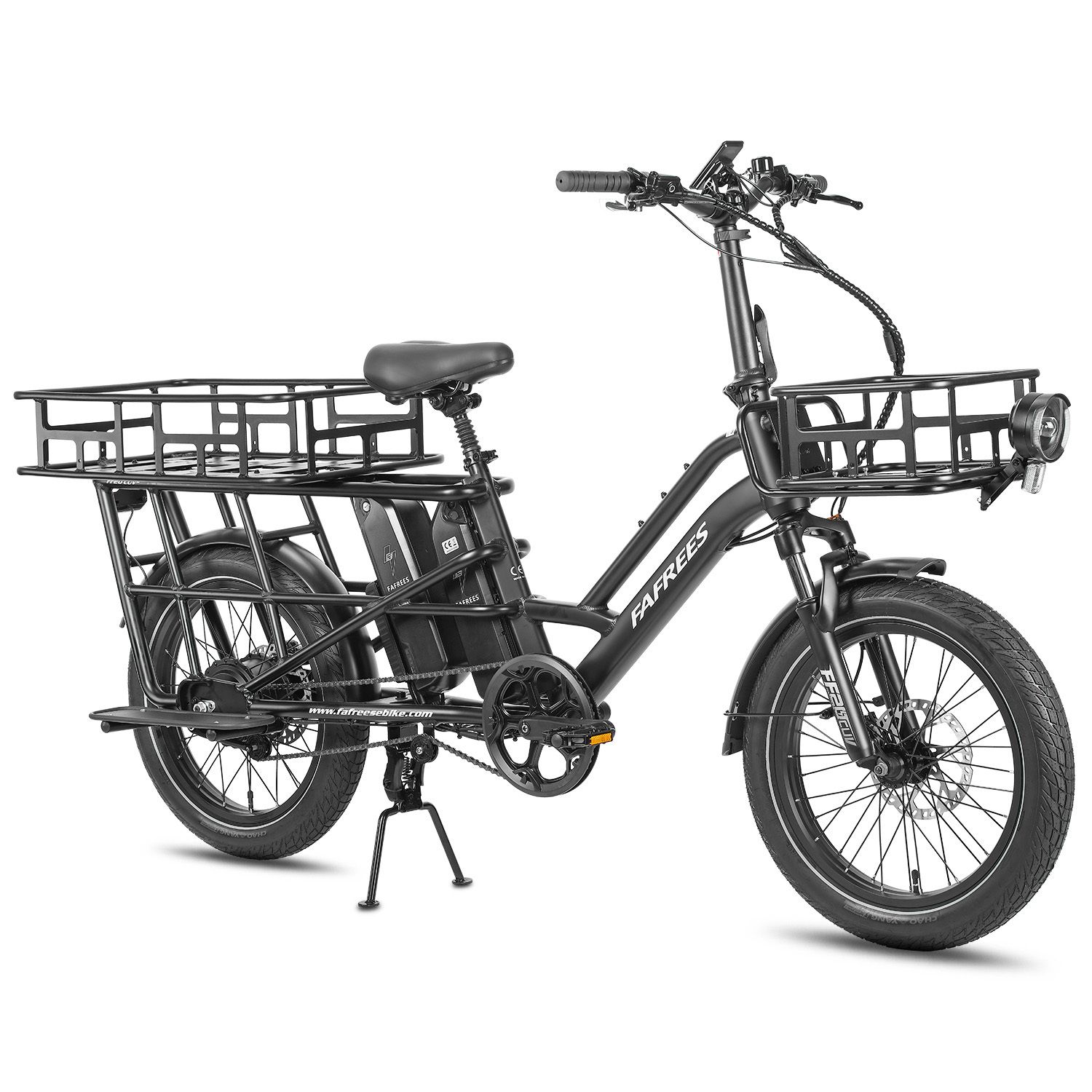 Bicicletta cargo elettrica nera con portapacchi anteriore e posteriore, doppia batteria. Marchio Fafrees.