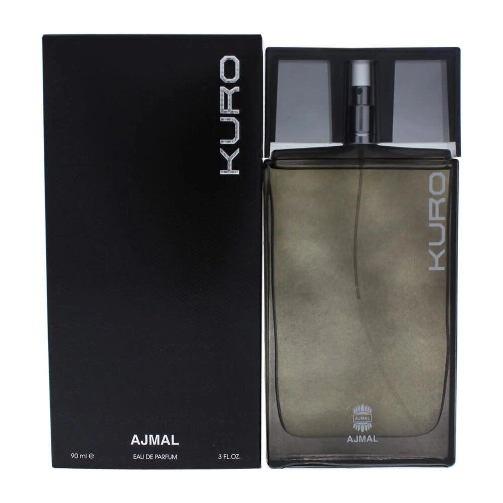 Confezione e flacone neri. Scritte "KURO" e "AJMAL". Flacone con vaporizzatore. 3 FL.OZ.