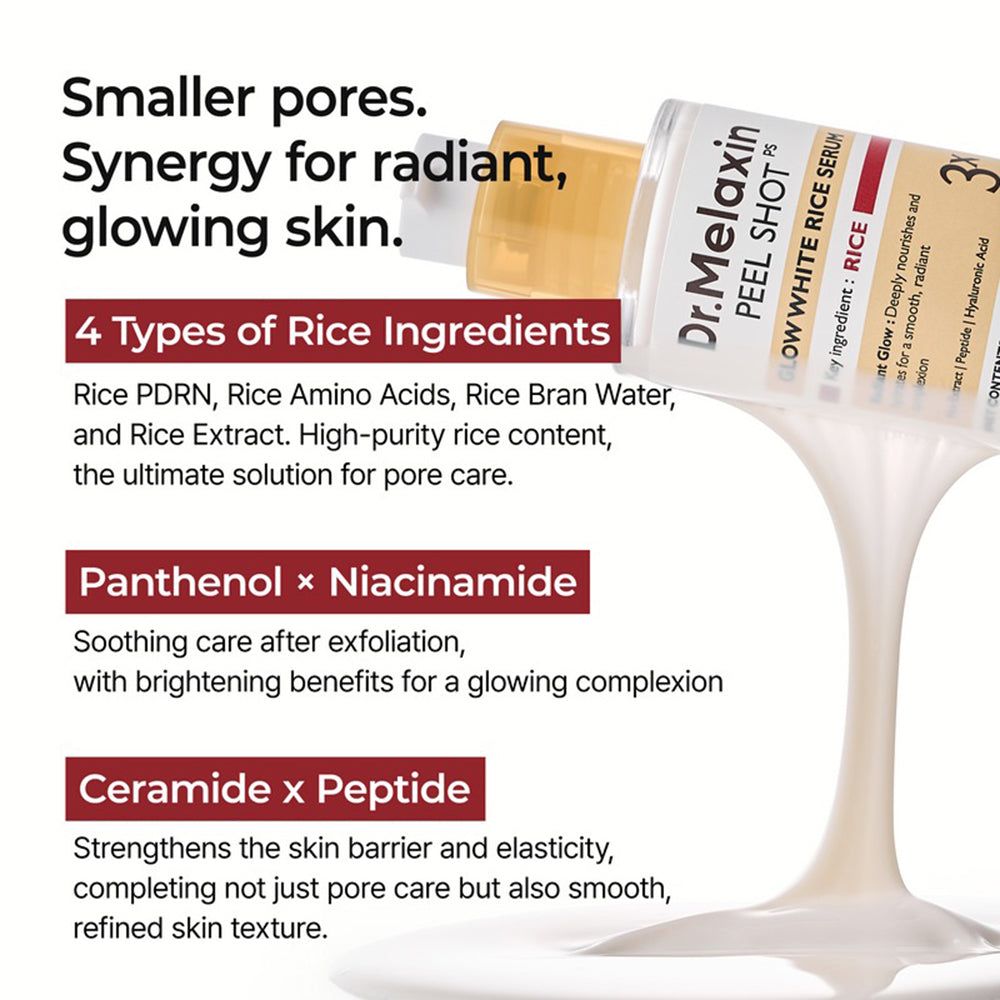 Grafico testuale con ingredienti. 4 ingredienti di riso, Pantenolo, Niacinamide, Ceramidi, Peptide. Nome del prodotto: Dr. Melaxin Peel Shot.