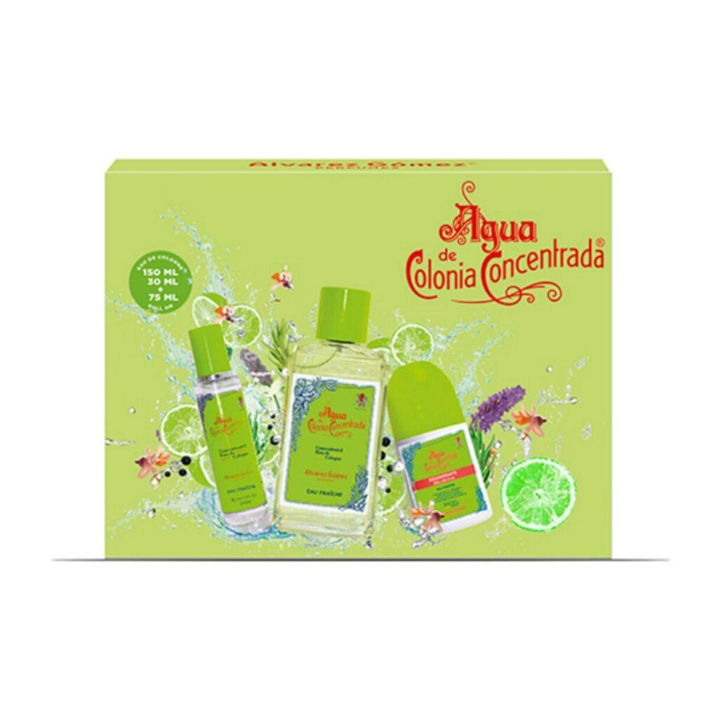 Confezione regalo Alvarez Gómez con flacone, roll-on e spray. Scritta: Agua de Colonia Concentrada. Confezione verde.