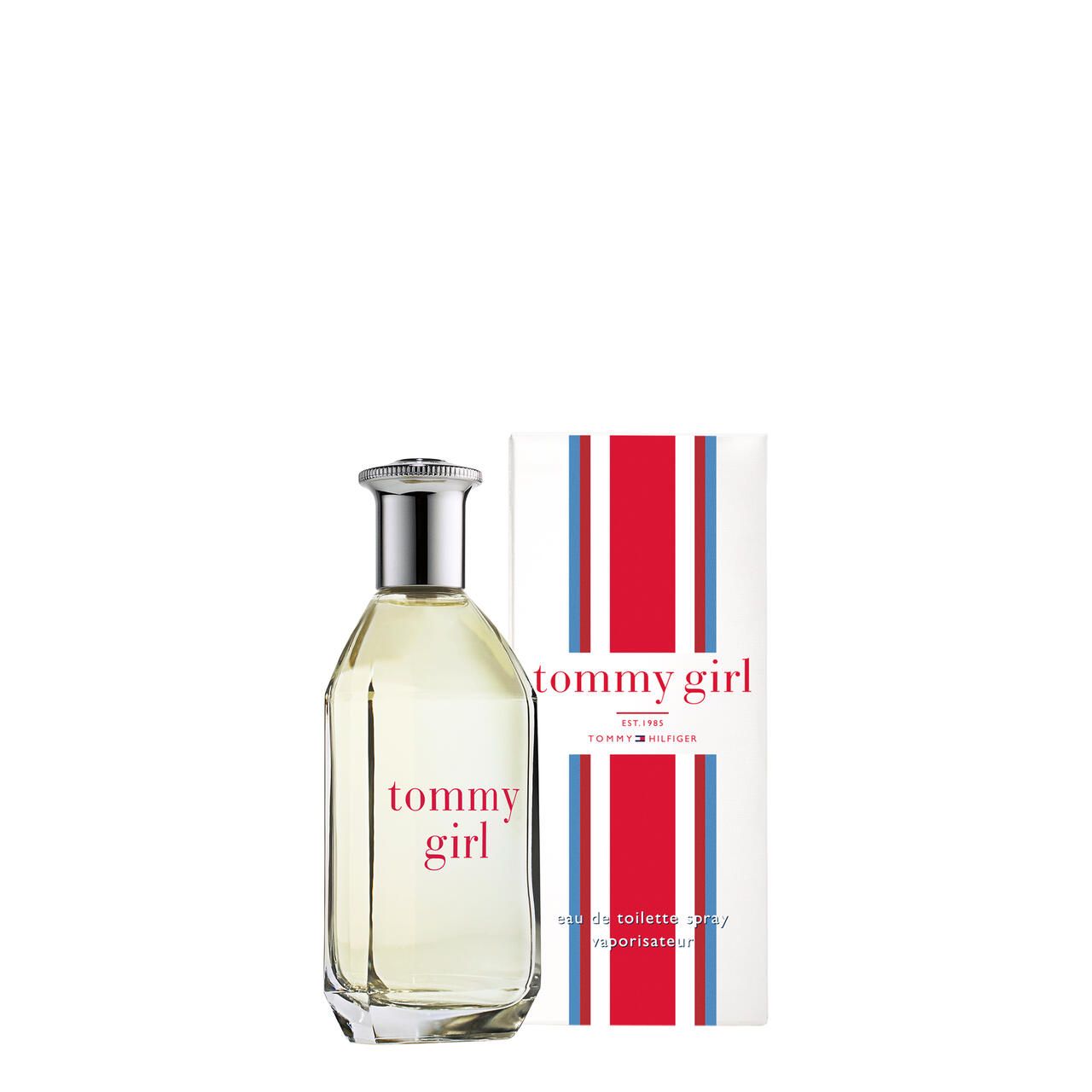 Flacone in vetro con tappo argentato e scritta rosa "tommy girl". Accanto, una confezione a strisce rosse, bianche e blu.