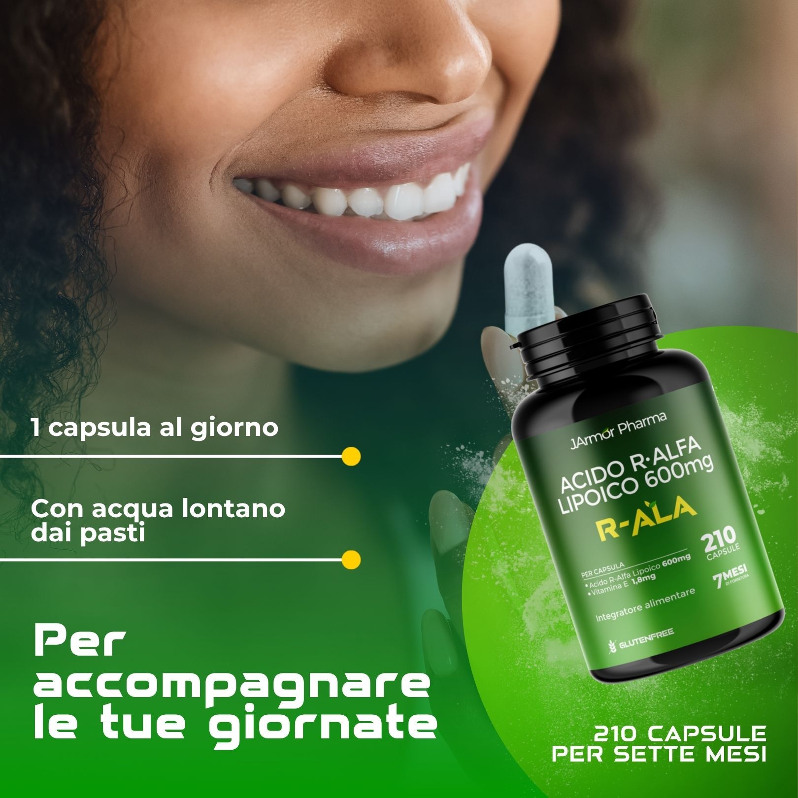 Donna sorridente tiene capsula e barattolo Acido R-Alfa Lipoico 600mg, R-ALA, 210 capsule.