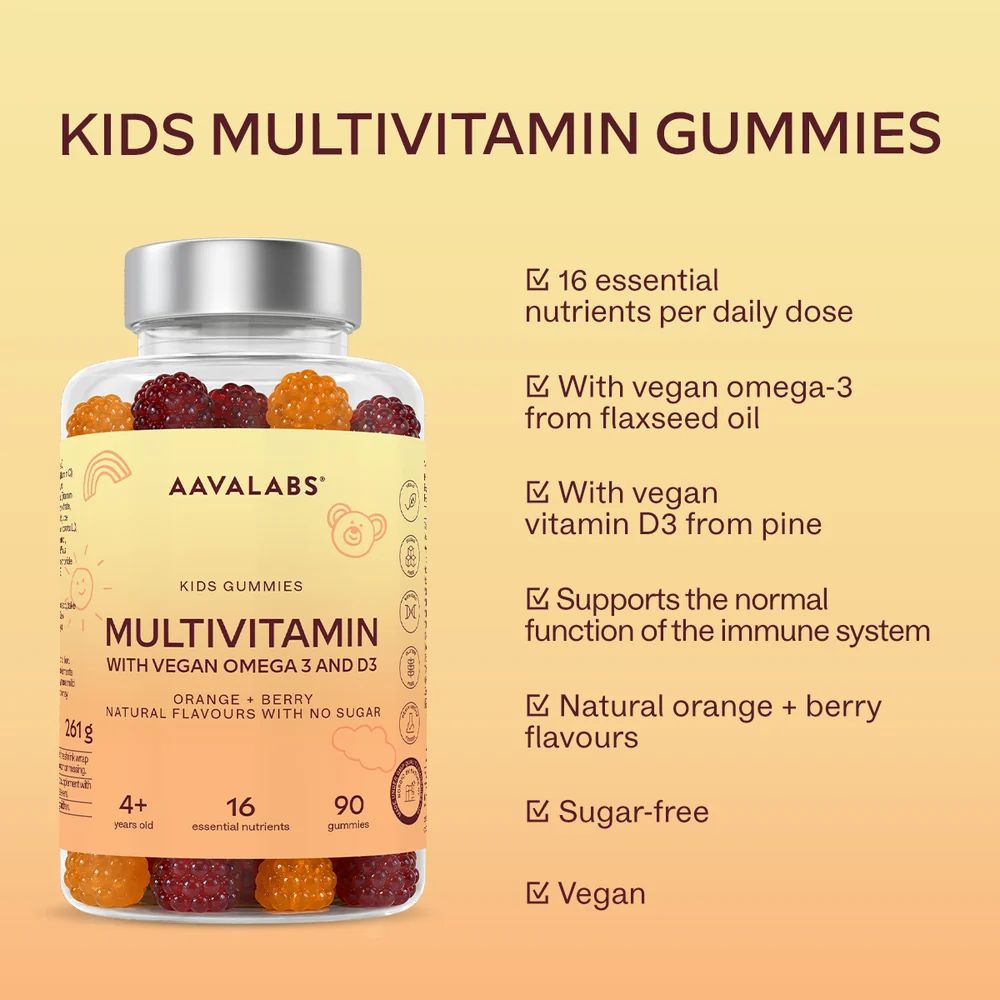 Flacone e scatola di caramelle gommose multivitaminiche per bambini, arancioni e rosse, con le caratteristiche del prodotto.