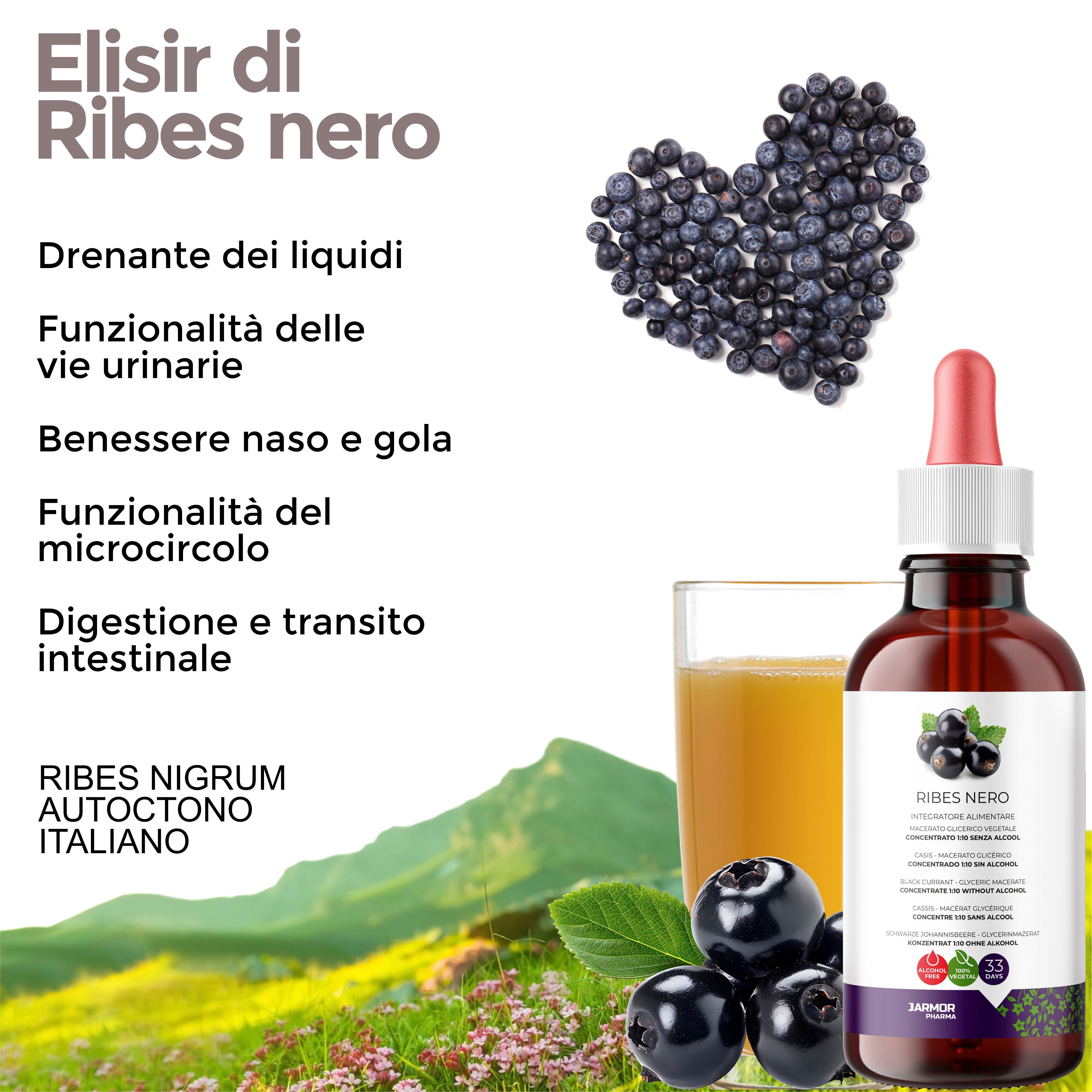 Flacone di vetro marrone con contagocce, ribes neri, bicchiere con liquido. Testo: Elixir di Ribes nero, Ribes Nigrum.